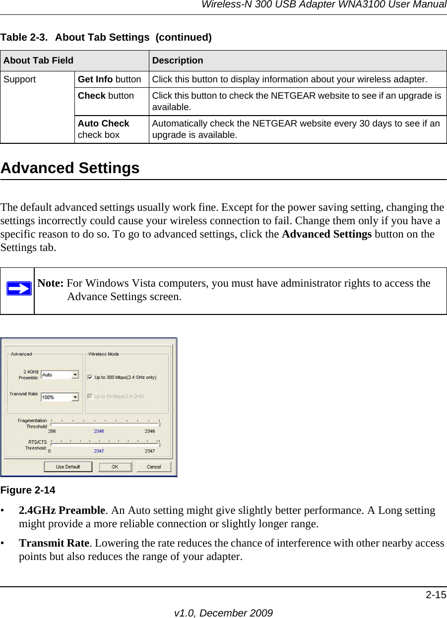 Wireless-N 300 USB Adapter WNA3100 User Manual2-15v1.0, December 2009Advanced SettingsThe default advanced settings usually work fine. Except for the power saving setting, changing the settings incorrectly could cause your wireless connection to fail. Change them only if you have a specific reason to do so. To go to advanced settings, click the Advanced Settings button on the Settings tab.•2.4GHz Preamble. An Auto setting might give slightly better performance. A Long setting might provide a more reliable connection or slightly longer range. •Transmit Rate. Lowering the rate reduces the chance of interference with other nearby access points but also reduces the range of your adapter.Support Get Info button Click this button to display information about your wireless adapter.Check button Click this button to check the NETGEAR website to see if an upgrade is available.Auto Check check box Automatically check the NETGEAR website every 30 days to see if an upgrade is available.Note: For Windows Vista computers, you must have administrator rights to access the Advance Settings screen.Figure 2-14Table 2-3.  About Tab Settings  (continued)About Tab Field Description