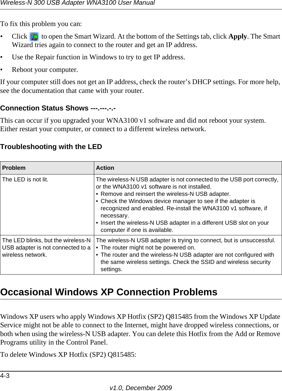 Wireless-N 300 USB Adapter WNA3100 User Manual4-3v1.0, December 2009To fix this problem you can:• Click   to open the Smart Wizard. At the bottom of the Settings tab, click Apply. The Smart Wizard tries again to connect to the router and get an IP address.• Use the Repair function in Windows to try to get IP address.• Reboot your computer. If your computer still does not get an IP address, check the router’s DHCP settings. For more help, see the documentation that came with your router.Connection Status Shows ---.---.-.-This can occur if you upgraded your WNA3100 v1 software and did not reboot your system. Either restart your computer, or connect to a different wireless network.Troubleshooting with the LEDOccasional Windows XP Connection Problems Windows XP users who apply Windows XP Hotfix (SP2) Q815485 from the Windows XP Update Service might not be able to connect to the Internet, might have dropped wireless connections, or both when using the wireless-N USB adapter. You can delete this Hotfix from the Add or Remove Programs utility in the Control Panel.To delete Windows XP Hotfix (SP2) Q815485:Problem ActionThe LED is not lit. The wireless-N USB adapter is not connected to the USB port correctly, or the WNA3100 v1 software is not installed. • Remove and reinsert the wireless-N USB adapter.• Check the Windows device manager to see if the adapter is recognized and enabled. Re-install the WNA3100 v1 software, if necessary.• Insert the wireless-N USB adapter in a different USB slot on your computer if one is available.The LED blinks, but the wireless-N USB adapter is not connected to a wireless network.The wireless-N USB adapter is trying to connect, but is unsuccessful. • The router might not be powered on. • The router and the wireless-N USB adapter are not configured with the same wireless settings. Check the SSID and wireless security settings.