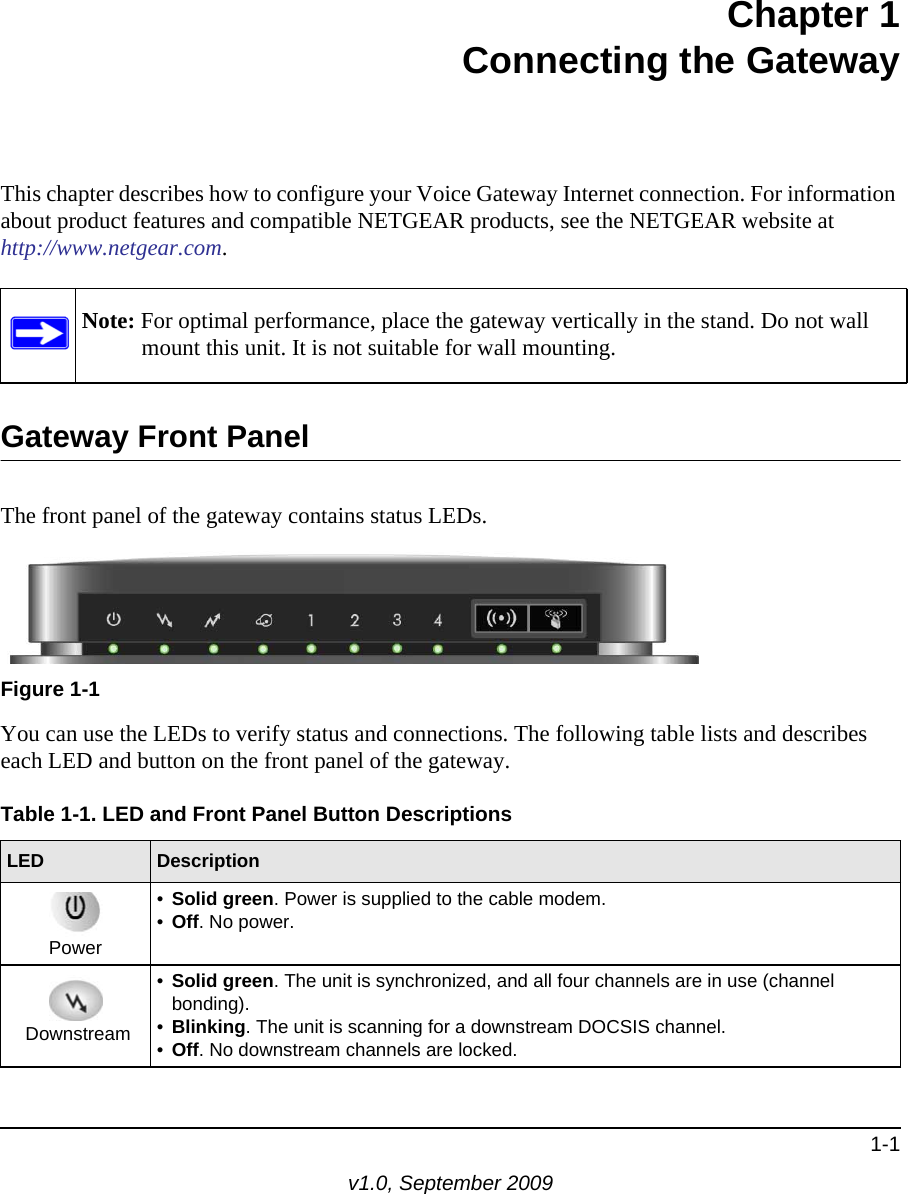 1-1v1.0, September 2009Chapter  1 Connecting the GatewayThis chapter describes how to configure your Voice Gateway Internet connection. For information about product features and compatible NETGEAR products, see the NETGEAR website at  http://www.netgear.com.Note: For optimal performance, place the gateway vertically in the stand. Do not wall mount this unit. It is not suitable for wall mounting.Gateway Front PanelThe front panel of the gateway contains status LEDs.Figure  1-1 You can use the LEDs to verify status and connections. The following table lists and describes each LED and button on the front panel of the gateway. Table  1-1. LED and Front Panel Button Descriptions  LED DescriptionPower•Solid green. Power is supplied to the cable modem.•Off. No power. Downstream•Solid green. The unit is synchronized, and all four channels are in use (channel bonding). •Blinking. The unit is scanning for a downstream DOCSIS channel.•Off. No downstream channels are locked. 