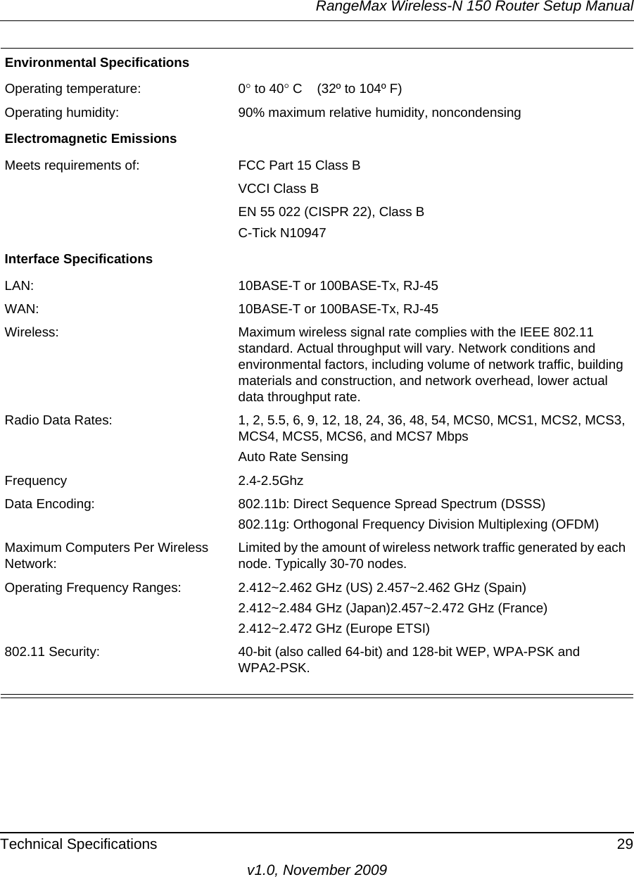 RangeMax Wireless-N 150 Router Setup ManualTechnical Specifications 29v1.0, November 2009Environmental SpecificationsOperating temperature: 0 to 40 C    (32º to 104º F)Operating humidity: 90% maximum relative humidity, noncondensingElectromagnetic EmissionsMeets requirements of: FCC Part 15 Class BVCCI Class BEN 55 022 (CISPR 22), Class BC-Tick N10947Interface SpecificationsLAN: 10BASE-T or 100BASE-Tx, RJ-45WAN: 10BASE-T or 100BASE-Tx, RJ-45Wireless: Maximum wireless signal rate complies with the IEEE 802.11 standard. Actual throughput will vary. Network conditions and environmental factors, including volume of network traffic, building materials and construction, and network overhead, lower actual data throughput rate. Radio Data Rates: 1, 2, 5.5, 6, 9, 12, 18, 24, 36, 48, 54, MCS0, MCS1, MCS2, MCS3, MCS4, MCS5, MCS6, and MCS7 Mbps Auto Rate SensingFrequency 2.4-2.5GhzData Encoding: 802.11b: Direct Sequence Spread Spectrum (DSSS) 802.11g: Orthogonal Frequency Division Multiplexing (OFDM)Maximum Computers Per Wireless Network: Limited by the amount of wireless network traffic generated by each node. Typically 30-70 nodes.Operating Frequency Ranges: 2.412~2.462 GHz (US) 2.457~2.462 GHz (Spain)2.412~2.484 GHz (Japan)2.457~2.472 GHz (France)2.412~2.472 GHz (Europe ETSI)802.11 Security: 40-bit (also called 64-bit) and 128-bit WEP, WPA-PSK and WPA2-PSK.