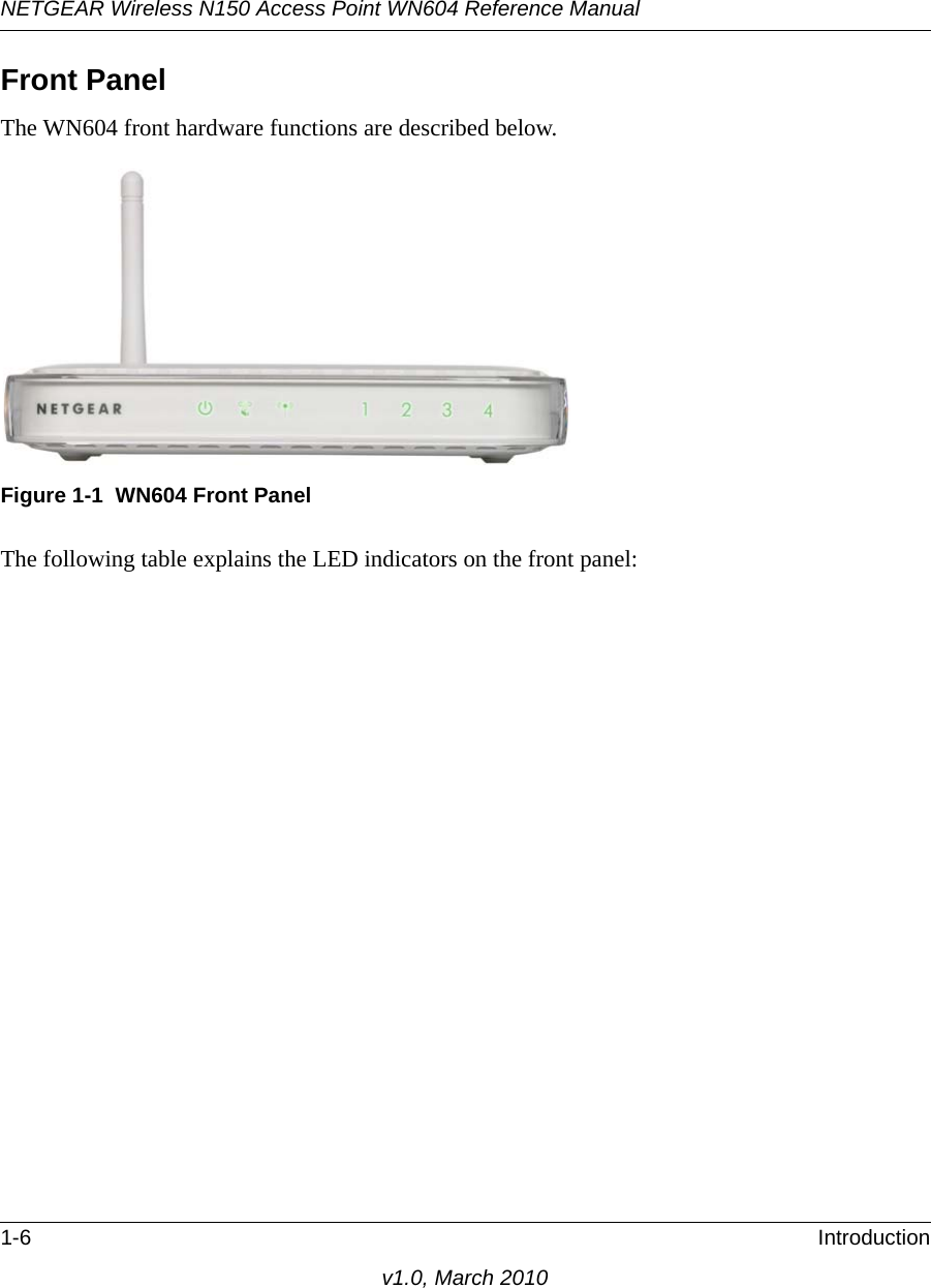 NETGEAR Wireless N150 Access Point WN604 Reference Manual1-6 Introductionv1.0, March 2010Front PanelThe WN604 front hardware functions are described below.The following table explains the LED indicators on the front panel:Figure 1-1 WN604 Front Panel