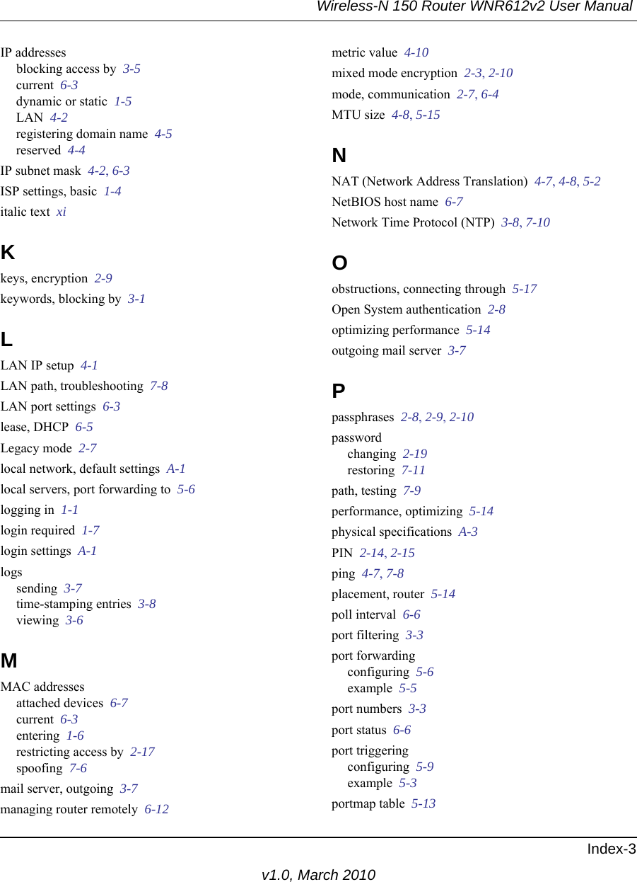 Wireless-N 150 Router WNR612v2 User Manual Index-3v1.0, March 2010IP addressesblocking access by  3-5current  6-3dynamic or static  1-5LAN  4-2registering domain name  4-5reserved  4-4IP subnet mask  4-2, 6-3ISP settings, basic  1-4italic text  xiKkeys, encryption  2-9keywords, blocking by  3-1LLAN IP setup  4-1LAN path, troubleshooting  7-8LAN port settings  6-3lease, DHCP  6-5Legacy mode  2-7local network, default settings  A-1local servers, port forwarding to  5-6logging in  1-1login required  1-7login settings  A-1logssending  3-7time-stamping entries  3-8viewing  3-6MMAC addressesattached devices  6-7current  6-3entering  1-6restricting access by  2-17spoofing  7-6mail server, outgoing  3-7managing router remotely  6-12metric value  4-10mixed mode encryption  2-3, 2-10mode, communication  2-7, 6-4MTU size  4-8, 5-15NNAT (Network Address Translation)  4-7, 4-8, 5-2NetBIOS host name  6-7Network Time Protocol (NTP)  3-8, 7-10Oobstructions, connecting through  5-17Open System authentication  2-8optimizing performance  5-14outgoing mail server  3-7Ppassphrases  2-8, 2-9, 2-10passwordchanging  2-19restoring  7-11path, testing  7-9performance, optimizing  5-14physical specifications  A-3PIN  2-14, 2-15ping  4-7, 7-8placement, router  5-14poll interval  6-6port filtering  3-3port forwardingconfiguring  5-6example  5-5port numbers  3-3port status  6-6port triggeringconfiguring  5-9example  5-3portmap table  5-13