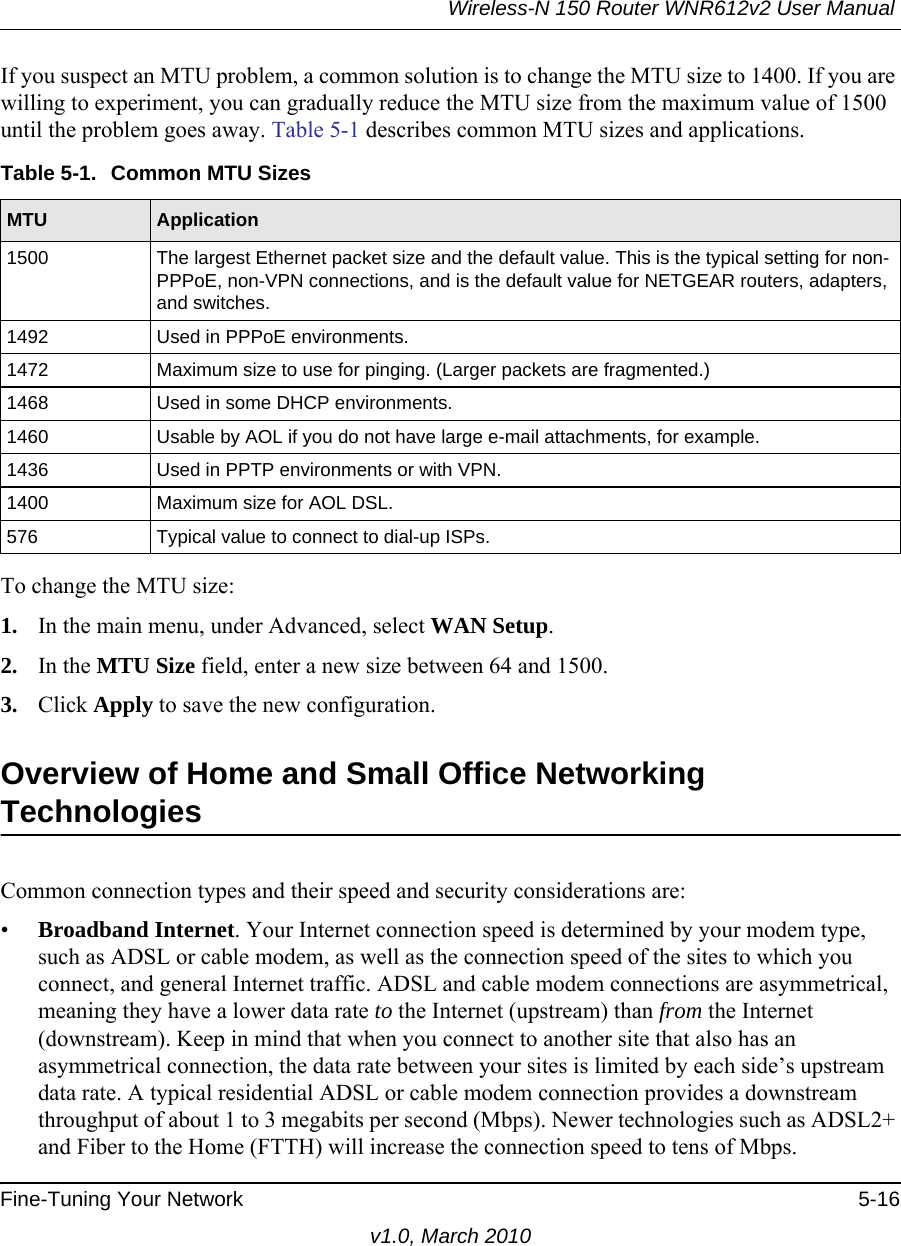 Wireless-N 150 Router WNR612v2 User Manual Fine-Tuning Your Network 5-16v1.0, March 2010If you suspect an MTU problem, a common solution is to change the MTU size to 1400. If you are willing to experiment, you can gradually reduce the MTU size from the maximum value of 1500 until the problem goes away. Table 5-1 describes common MTU sizes and applications.To change the MTU size:1. In the main menu, under Advanced, select WAN Setup. 2. In the MTU Size field, enter a new size between 64 and 1500.3. Click Apply to save the new configuration.Overview of Home and Small Office Networking TechnologiesCommon connection types and their speed and security considerations are:•Broadband Internet. Your Internet connection speed is determined by your modem type, such as ADSL or cable modem, as well as the connection speed of the sites to which you connect, and general Internet traffic. ADSL and cable modem connections are asymmetrical, meaning they have a lower data rate to the Internet (upstream) than from the Internet (downstream). Keep in mind that when you connect to another site that also has an asymmetrical connection, the data rate between your sites is limited by each side’s upstream data rate. A typical residential ADSL or cable modem connection provides a downstream throughput of about 1 to 3 megabits per second (Mbps). Newer technologies such as ADSL2+ and Fiber to the Home (FTTH) will increase the connection speed to tens of Mbps.Table 5-1.  Common MTU SizesMTU Application1500 The largest Ethernet packet size and the default value. This is the typical setting for non-PPPoE, non-VPN connections, and is the default value for NETGEAR routers, adapters, and switches.1492 Used in PPPoE environments.1472 Maximum size to use for pinging. (Larger packets are fragmented.)1468 Used in some DHCP environments.1460 Usable by AOL if you do not have large e-mail attachments, for example.1436 Used in PPTP environments or with VPN.1400 Maximum size for AOL DSL.576 Typical value to connect to dial-up ISPs.