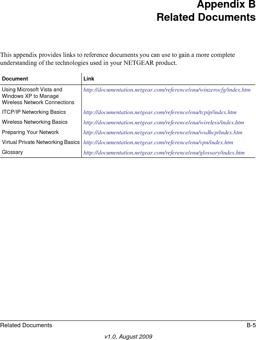 Related Documents B-5v1.0, August 2009Appendix BRelated DocumentsThis appendix provides links to reference documents you can use to gain a more complete understanding of the technologies used in your NETGEAR product.Document LinkUsing Microsoft Vista and Windows XP to Manage Wireless Network Connectionshttp://documentation.netgear.com/reference/enu/winzerocfg/index.htm ITCP/IP Networking Basics http://documentation.netgear.com/reference/enu/tcpip/index.htmWireless Networking Basics http://documentation.netgear.com/reference/enu/wireless/index.htmPreparing Your Network http://documentation.netgear.com/reference/enu/wsdhcp/index.htmVirtual Private Networking Basics http://documentation.netgear.com/reference/enu/vpn/index.htmGlossary http://documentation.netgear.com/reference/enu/glossary/index.htm