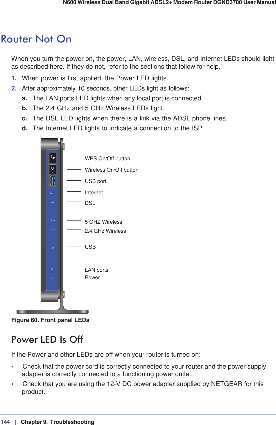 144 |   Chapter 9.  Troubleshooting N600 Wireless Dual Band Gigabit ADSL2+ Modem Router DGND3700 User Manual Router Not OnWhen you turn the power on, the power, LAN, wireless, DSL, and Internet LEDs should light as described here. If they do not, refer to the sections that follow for help.1. When power is first applied, the Power LED lights.2. After approximately 10 seconds, other LEDs light as follows:a. The LAN ports LED lights when any local port is connected.b. The 2.4 GHz and 5 GHz Wireless LEDs light.c. The DSL LED lights when there is a link via the ADSL phone lines.d. The Internet LED lights to indicate a connection to the ISP.PowerLAN portsDSLInternet5 GHZ WirelessUSB portWireless On/Off buttonWPS On/Off button2.4 GHz WirelessUSBFigure 60. Front panel LEDsPower LED Is OffIf the Power and other LEDs are off when your router is turned on:•Check that the power cord is correctly connected to your router and the power supply adapter is correctly connected to a functioning power outlet. •Check that you are using the 12-V DC power adapter supplied by NETGEAR for this product.