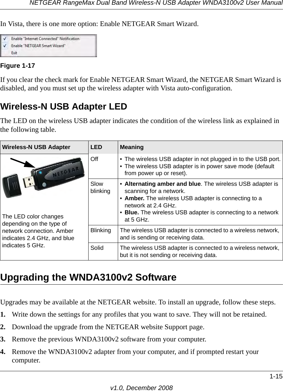 NETGEAR RangeMax Dual Band Wireless-N USB Adapter WNDA3100v2 User Manual1-15v1.0, December 2008In Vista, there is one more option: Enable NETGEAR Smart Wizard. If you clear the check mark for Enable NETGEAR Smart Wizard, the NETGEAR Smart Wizard is disabled, and you must set up the wireless adapter with Vista auto-configuration.Wireless-N USB Adapter LEDThe LED on the wireless USB adapter indicates the condition of the wireless link as explained in the following table.Upgrading the WNDA3100v2 SoftwareUpgrades may be available at the NETGEAR website. To install an upgrade, follow these steps.1. Write down the settings for any profiles that you want to save. They will not be retained.2. Download the upgrade from the NETGEAR website Support page.3. Remove the previous WNDA3100v2 software from your computer. 4. Remove the WNDA3100v2 adapter from your computer, and if prompted restart your computer.Figure 1-17Wireless-N USB Adapter LED  MeaningThe LED color changes depending on the type ofnetwork connection. Amber indicates 2.4 GHz, and blueindicates 5 GHz.Off • The wireless USB adapter in not plugged in to the USB port.• The wireless USB adapter is in power save mode (default from power up or reset).Slow blinking•Alternating amber and blue. The wireless USB adapter is scanning for a network.•Amber. The wireless USB adapter is connecting to a network at 2.4 GHz.•Blue. The wireless USB adapter is connecting to a network at 5 GHz.Blinking The wireless USB adapter is connected to a wireless network, and is sending or receiving data.Solid The wireless USB adapter is connected to a wireless network, but it is not sending or receiving data.