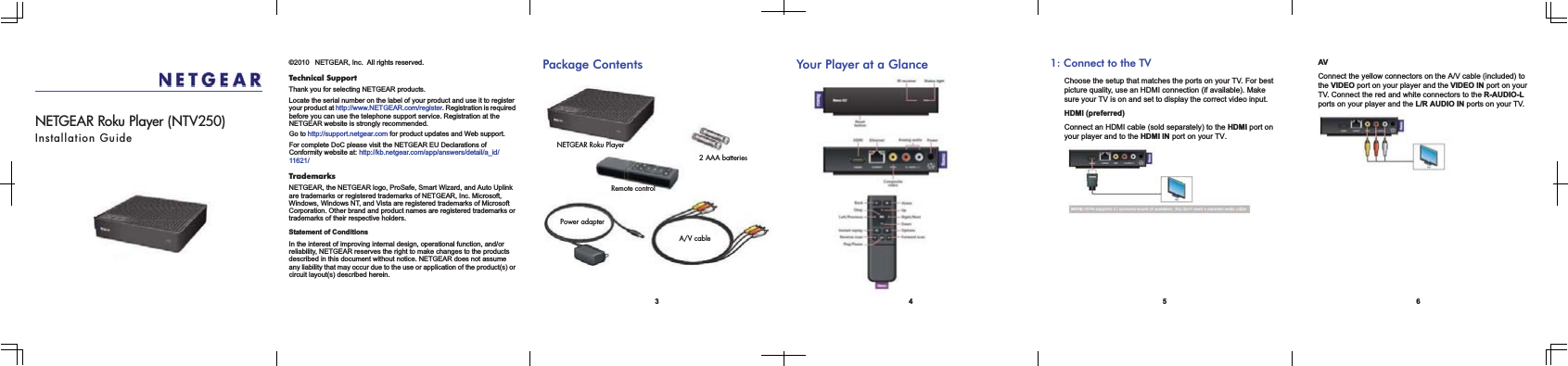 NETGEAR Roku Player (NTV250)Installation Guide©2010   NETGEAR, Inc.  All rights reserved.Technical SupportThank you for selecting NETGEAR products. Locate the serial number on the label of your product and use it to register your product at http://www.NETGEAR.com/register. Registration is required before you can use the telephone support service. Registration at the NETGEAR website is strongly recommended.Go to http://support.netgear.com for product updates and Web support. For complete DoC please visit the NETGEAR EU Declarations of Conformity website at: http://kb.netgear.com/app/answers/detail/a_id/11621/TrademarksNETGEAR, the NETGEAR logo, ProSafe, Smart Wizard, and Auto Uplink are trademarks or registered trademarks of NETGEAR, Inc. Microsoft, Windows, Windows NT, and Vista are registered trademarks of Microsoft Corporation. Other brand and product names are registered trademarks or trademarks of their respective holders. Statement of ConditionsIn the interest of improving internal design, operational function, and/or reliability, NETGEAR reserves the right to make changes to the products described in this document without notice. NETGEAR does not assume any liability that may occur due to the use or application of the product(s) or circuit layout(s) described herein.3Package ContentsRemote controlNETGEAR Roku PlayerPower adapter2 AAA batteriesA/V cable4Your Player at a Glance51: Connect to the TVChoose the setup that matches the ports on your TV. For best picture quality, use an HDMI connection (if available). Make sure your TV is on and set to display the correct video input.  HDMI (preferred)Connect an HDMI cable (sold separately) to the HDMI port on your player and to the HDMI IN port on your TV.6AVConnect the yellow connectors on the A/V cable (included) to the VIDEO port on your player and the VIDEO IN port on your TV. Connect the red and white connectors to the R-AUDIO-Lports on your player and the L/R AUDIO IN ports on your TV.