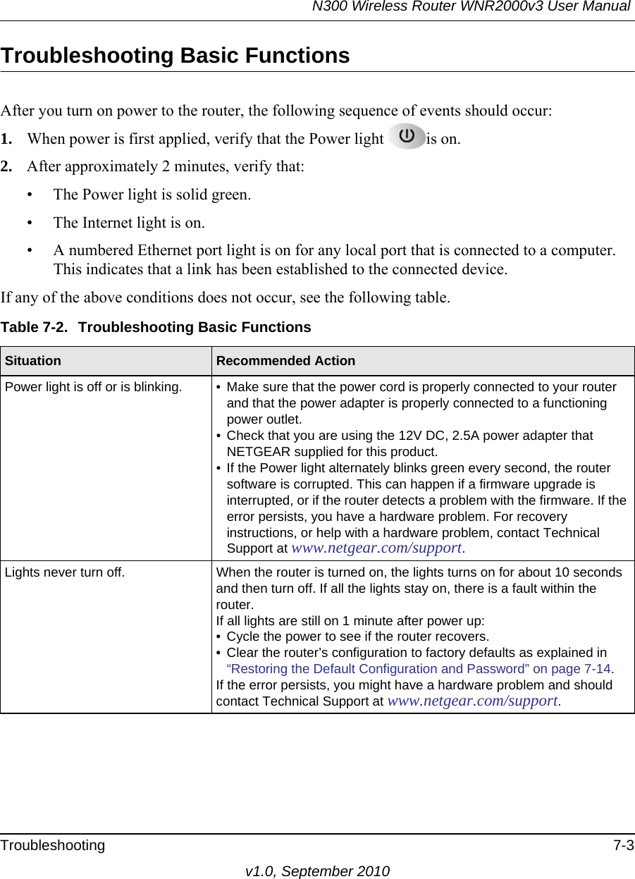 N300 Wireless Router WNR2000v3 User Manual Troubleshooting 7-3v1.0, September 2010Troubleshooting Basic FunctionsAfter you turn on power to the router, the following sequence of events should occur:1. When power is first applied, verify that the Power light  is on.2. After approximately 2 minutes, verify that:• The Power light is solid green.• The Internet light is on.• A numbered Ethernet port light is on for any local port that is connected to a computer. This indicates that a link has been established to the connected device.If any of the above conditions does not occur, see the following table.Table 7-2.  Troubleshooting Basic FunctionsSituation Recommended ActionPower light is off or is blinking. • Make sure that the power cord is properly connected to your router and that the power adapter is properly connected to a functioning power outlet. • Check that you are using the 12V DC, 2.5A power adapter that NETGEAR supplied for this product.• If the Power light alternately blinks green every second, the router software is corrupted. This can happen if a firmware upgrade is interrupted, or if the router detects a problem with the firmware. If the error persists, you have a hardware problem. For recovery instructions, or help with a hardware problem, contact Technical Support at www.netgear.com/support.Lights never turn off. When the router is turned on, the lights turns on for about 10 seconds and then turn off. If all the lights stay on, there is a fault within the router.If all lights are still on 1 minute after power up:• Cycle the power to see if the router recovers.• Clear the router’s configuration to factory defaults as explained in “Restoring the Default Configuration and Password” on page 7-14.If the error persists, you might have a hardware problem and should contact Technical Support at www.netgear.com/support.