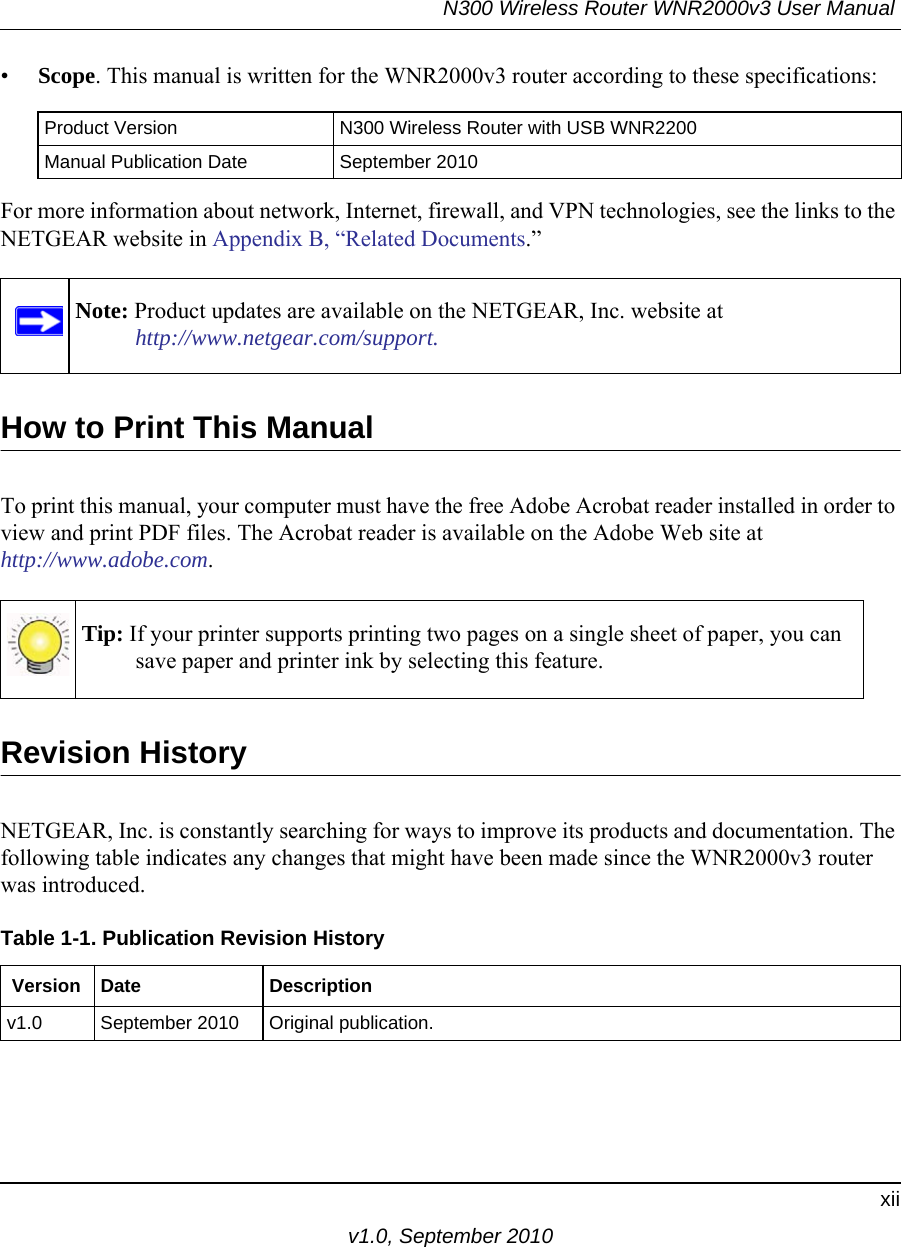 N300 Wireless Router WNR2000v3 User Manual xiiv1.0, September 2010•Scope. This manual is written for the WNR2000v3 router according to these specifications:For more information about network, Internet, firewall, and VPN technologies, see the links to the NETGEAR website in Appendix B, “Related Documents.”  How to Print This ManualTo print this manual, your computer must have the free Adobe Acrobat reader installed in order to view and print PDF files. The Acrobat reader is available on the Adobe Web site at http://www.adobe.com.Revision HistoryNETGEAR, Inc. is constantly searching for ways to improve its products and documentation. The following table indicates any changes that might have been made since the WNR2000v3 router was introduced.Product Version N300 Wireless Router with USB WNR2200Manual Publication Date September 2010Note: Product updates are available on the NETGEAR, Inc. website athttp://www.netgear.com/support.Tip: If your printer supports printing two pages on a single sheet of paper, you can save paper and printer ink by selecting this feature.Table 1-1. Publication Revision History Version Date Descriptionv1.0 September 2010 Original publication.