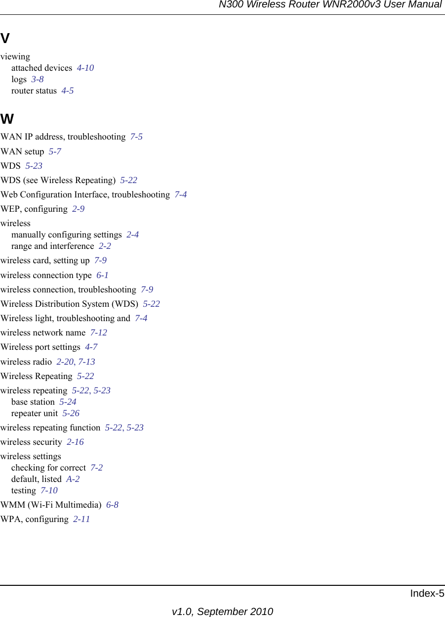N300 Wireless Router WNR2000v3 User Manual Index-5v1.0, September 2010Vviewingattached devices  4-10logs  3-8router status  4-5WWAN IP address, troubleshooting  7-5WAN setup  5-7WDS  5-23WDS (see Wireless Repeating)  5-22Web Configuration Interface, troubleshooting  7-4WEP, configuring  2-9wirelessmanually configuring settings  2-4range and interference  2-2wireless card, setting up  7-9wireless connection type  6-1wireless connection, troubleshooting  7-9Wireless Distribution System (WDS)  5-22Wireless light, troubleshooting and  7-4wireless network name  7-12Wireless port settings  4-7wireless radio  2-20, 7-13Wireless Repeating  5-22wireless repeating  5-22, 5-23base station  5-24repeater unit  5-26wireless repeating function  5-22, 5-23wireless security  2-16wireless settingschecking for correct  7-2default, listed  A-2testing  7-10WMM (Wi-Fi Multimedia)  6-8WPA, configuring  2-11