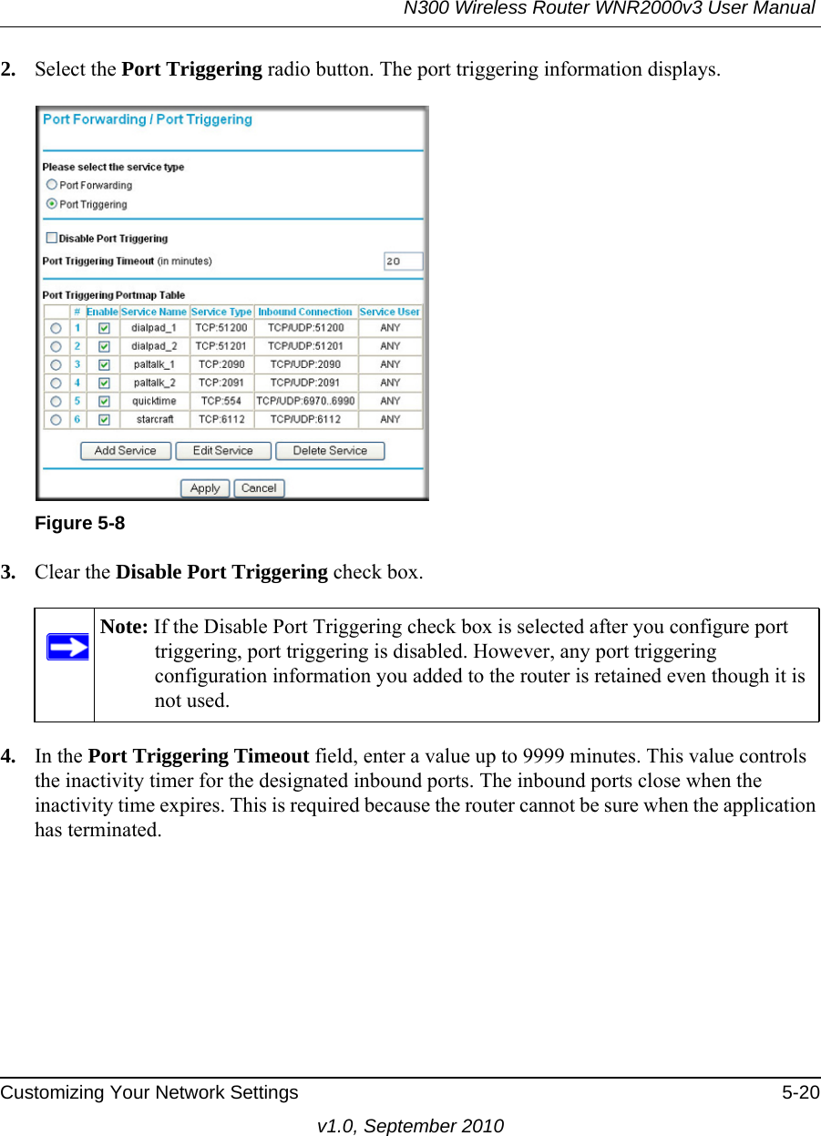 N300 Wireless Router WNR2000v3 User Manual Customizing Your Network Settings 5-20v1.0, September 20102. Select the Port Triggering radio button. The port triggering information displays.3. Clear the Disable Port Triggering check box.4. In the Port Triggering Timeout field, enter a value up to 9999 minutes. This value controls the inactivity timer for the designated inbound ports. The inbound ports close when the inactivity time expires. This is required because the router cannot be sure when the application has terminated.Figure 5-8Note: If the Disable Port Triggering check box is selected after you configure port triggering, port triggering is disabled. However, any port triggering configuration information you added to the router is retained even though it is not used.