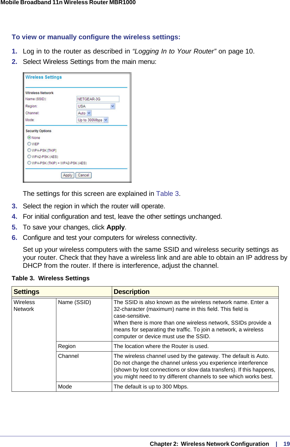   Chapter 2:  Wireless Network Configuration     |    19Mobile Broadband 11n Wireless Router MBR1000 To view or manually configure the wireless settings:1.  Log in to the router as described in “Logging In to Your Router” on page 10.2.  Select Wireless Settings from the main menu:The settings for this screen are explained in Table 3.3.  Select the region in which the router will operate. 4.  For initial configuration and test, leave the other settings unchanged. 5.  To save your changes, click Apply.6.  Configure and test your computers for wireless connectivity.Set up your wireless computers with the same SSID and wireless security settings as your router. Check that they have a wireless link and are able to obtain an IP address by DHCP from the router. If there is interference, adjust the channel.Table 3.  Wireless Settings Settings DescriptionWireless NetworkName (SSID) The SSID is also known as the wireless network name. Enter a 32-character (maximum) name in this field. This field is case-sensitive. When there is more than one wireless network, SSIDs provide a means for separating the traffic. To join a network, a wireless computer or device must use the SSID.Region The location where the Router is used.Channel The wireless channel used by the gateway. The default is Auto.Do not change the channel unless you experience interference (shown by lost connections or slow data transfers). If this happens, you might need to try different channels to see which works best. Mode The default is up to 300 Mbps.