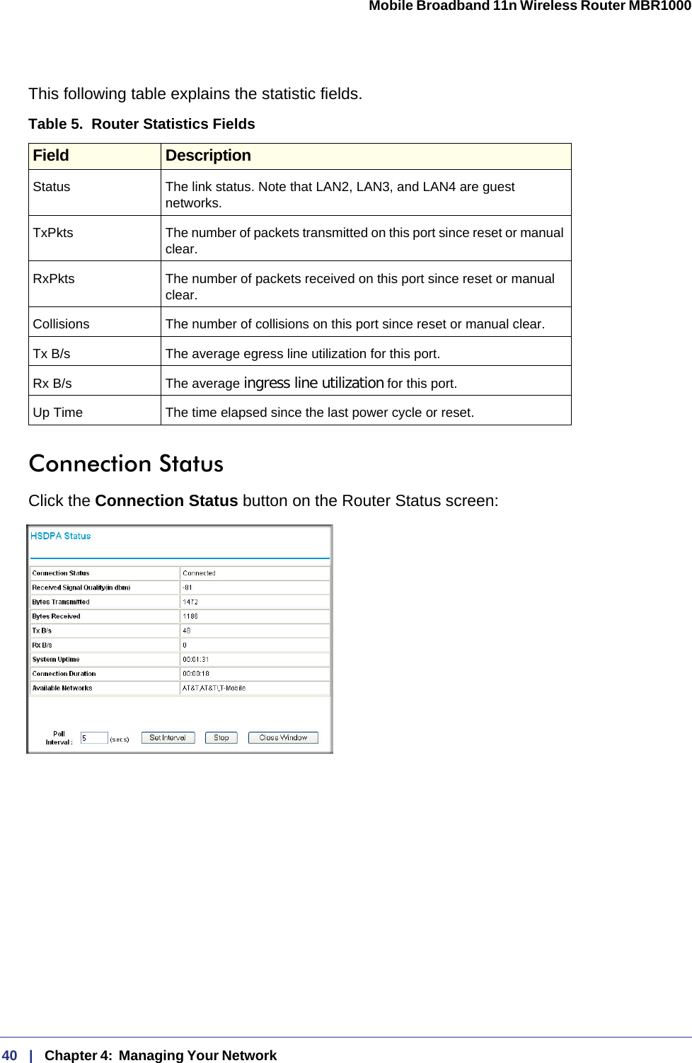 40   |   Chapter 4:  Managing Your Network  Mobile Broadband 11n Wireless Router MBR1000 This following table explains the statistic fields.Connection StatusClick the Connection Status button on the Router Status screen:Table 5.  Router Statistics Fields  Field DescriptionStatus The link status. Note that LAN2, LAN3, and LAN4 are guest networks.TxPkts The number of packets transmitted on this port since reset or manual clear.RxPkts The number of packets received on this port since reset or manual clear.Collisions The number of collisions on this port since reset or manual clear.Tx B/s The average egress line utilization for this port.Rx B/s The average ingress line utilization for this port.Up Time The time elapsed since the last power cycle or reset.