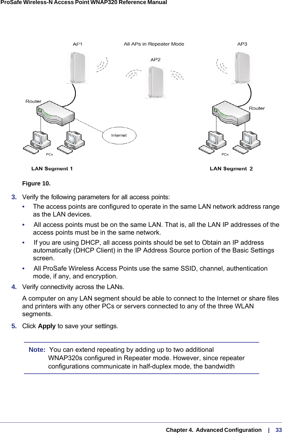   Chapter 4.  Advanced Configuration     |    33ProSafe Wireless-N Access Point WNAP320 Reference Manual Figure 10.  3.  Verify the following parameters for all access points:•     The access points are configured to operate in the same LAN network address range as the LAN devices.•     All access points must be on the same LAN. That is, all the LAN IP addresses of the access points must be in the same network.•     If you are using DHCP, all access points should be set to Obtain an IP address automatically (DHCP Client) in the IP Address Source portion of the Basic Settings screen.•     All ProSafe Wireless Access Points use the same SSID, channel, authentication mode, if any, and encryption.4.  Verify connectivity across the LANs. A computer on any LAN segment should be able to connect to the Internet or share files and printers with any other PCs or servers connected to any of the three WLAN segments.5.  Click Apply to save your settings.Note:  You can extend repeating by adding up to two additional WNAP320s configured in Repeater mode. However, since repeater configurations communicate in half-duplex mode, the bandwidth 