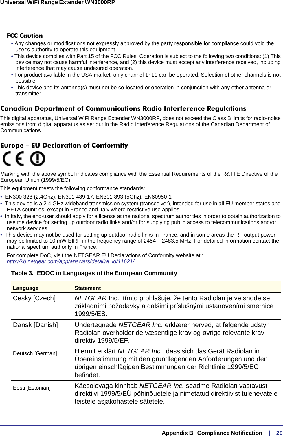   Appendix B.  Compliance Notification     |    29Universal WiFi Range Extender WN3000RP FCC Caution• Any changes or modifications not expressly approved by the party responsible for compliance could void the user’s authority to operate this equipment. • This device complies with Part 15 of the FCC Rules. Operation is subject to the following two conditions: (1) This device may not cause harmful interference, and (2) this device must accept any interference received, including interference that may cause undesired operation. • For product available in the USA market, only channel 1~11 can be operated. Selection of other channels is not possible.• This device and its antenna(s) must not be co-located or operation in conjunction with any other antenna or transmitter.Canadian Department of Communications Radio Interference RegulationsThis digital apparatus, Universal WiFi Range Extender WN3000RP, does not exceed the Class B limits for radio-noise emissions from digital apparatus as set out in the Radio Interference Regulations of the Canadian Department of Communications.Europe – EU Declaration of Conformity Marking with the above symbol indicates compliance with the Essential Requirements of the R&amp;TTE Directive of the European Union (1999/5/EC). This equipment meets the following conformance standards:•  EN300 328 (2.4Ghz), EN301 489-17, EN301 893 (5Ghz), EN60950-1•  This device is a 2.4 GHz wideband transmission system (transceiver), intended for use in all EU member states and EFTA countries, except in France and Italy where restrictive use applies.•  In Italy, the end-user should apply for a license at the national spectrum authorities in order to obtain authorization to use the device for setting up outdoor radio links and/or for supplying public access to telecommunications and/or network services.•  This device may not be used for setting up outdoor radio links in France, and in some areas the RF output power may be limited to 10 mW EIRP in the frequency range of 2454 – 2483.5 MHz. For detailed information contact the national spectrum authority in France. For complete DoC, visit the NETGEAR EU Declarations of Conformity website at:: http://kb.netgear.com/app/answers/detail/a_id/11621/Table 3.  EDOC in Languages of the European CommunityLanguage StatementCesky [Czech] NETGEAR Inc.  tímto prohlašuje, že tento Radiolan je ve shode se základními požadavky a dalšími príslušnými ustanoveními smernice 1999/5/ES.Dansk [Danish] Undertegnede NETGEAR Inc. erklærer herved, at følgende udstyr Radiolan overholder de væsentlige krav og øvrige relevante krav i direktiv 1999/5/EF.Deutsch [German] Hiermit erklärt NETGEAR Inc., dass sich das Gerät Radiolan in Übereinstimmung mit den grundlegenden Anforderungen und den übrigen einschlägigen Bestimmungen der Richtlinie 1999/5/EG befindet.Eesti [Estonian] Käesolevaga kinnitab NETGEAR Inc. seadme Radiolan vastavust direktiivi 1999/5/EÜ põhinõuetele ja nimetatud direktiivist tulenevatele teistele asjakohastele sätetele.