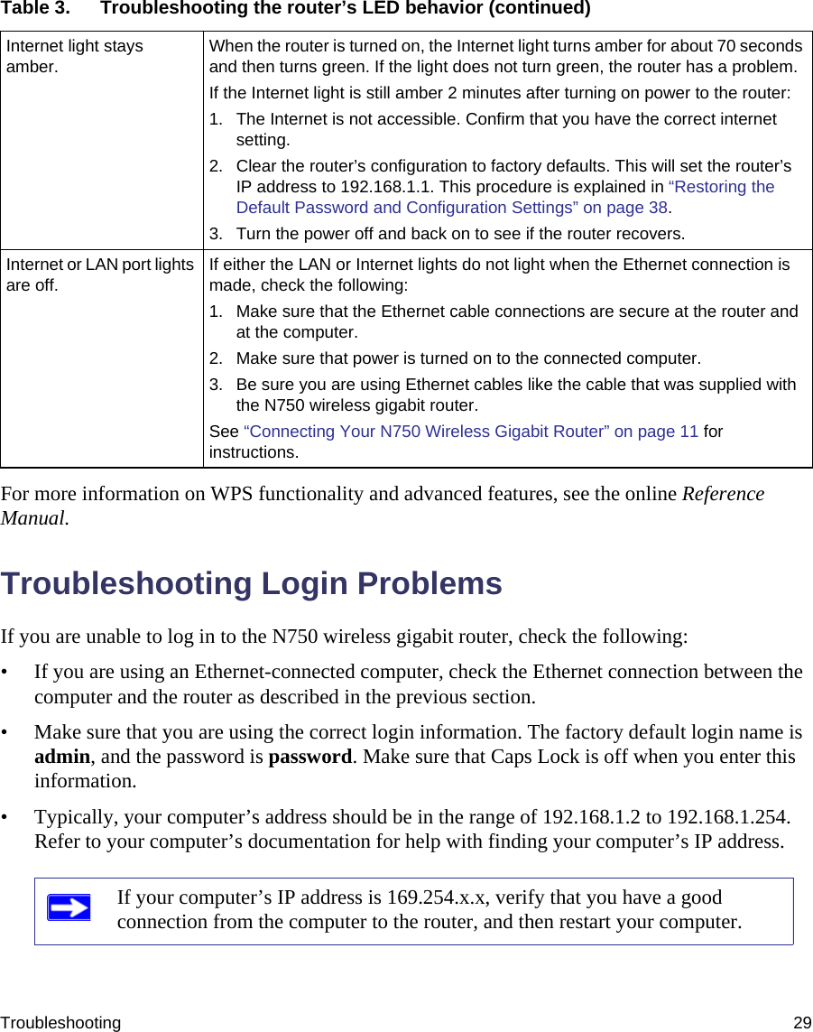 Troubleshooting 29For more information on WPS functionality and advanced features, see the online Reference Manual.Troubleshooting Login ProblemsIf you are unable to log in to the N750 wireless gigabit router, check the following:• If you are using an Ethernet-connected computer, check the Ethernet connection between the computer and the router as described in the previous section.• Make sure that you are using the correct login information. The factory default login name is admin, and the password is password. Make sure that Caps Lock is off when you enter this information.• Typically, your computer’s address should be in the range of 192.168.1.2 to 192.168.1.254. Refer to your computer’s documentation for help with finding your computer’s IP address. Internet light stays amber.When the router is turned on, the Internet light turns amber for about 70 seconds and then turns green. If the light does not turn green, the router has a problem.If the Internet light is still amber 2 minutes after turning on power to the router:1. The Internet is not accessible. Confirm that you have the correct internet setting. 2. Clear the router’s configuration to factory defaults. This will set the router’s IP address to 192.168.1.1. This procedure is explained in “Restoring the Default Password and Configuration Settings” on page 38.3. Turn the power off and back on to see if the router recovers.Internet or LAN port lights are off.If either the LAN or Internet lights do not light when the Ethernet connection is made, check the following:1. Make sure that the Ethernet cable connections are secure at the router and at the computer.2. Make sure that power is turned on to the connected computer.3. Be sure you are using Ethernet cables like the cable that was supplied with the N750 wireless gigabit router.See “Connecting Your N750 Wireless Gigabit Router” on page 11 for instructions.If your computer’s IP address is 169.254.x.x, verify that you have a good connection from the computer to the router, and then restart your computer.Table 3.  Troubleshooting the router’s LED behavior (continued)