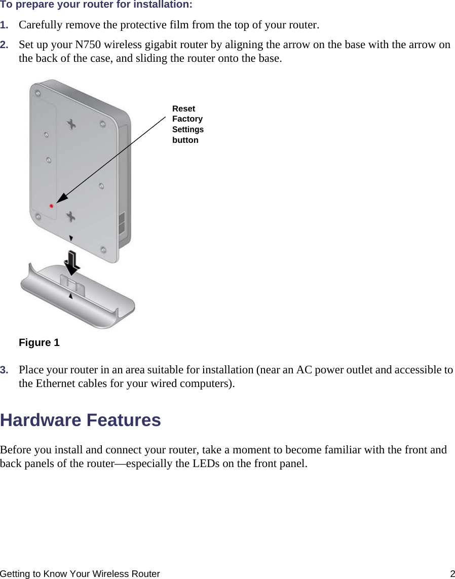 Getting to Know Your Wireless Router 2To prepare your router for installation:1. Carefully remove the protective film from the top of your router.2. Set up your N750 wireless gigabit router by aligning the arrow on the base with the arrow on the back of the case, and sliding the router onto the base.3. Place your router in an area suitable for installation (near an AC power outlet and accessible to the Ethernet cables for your wired computers).Hardware FeaturesBefore you install and connect your router, take a moment to become familiar with the front and back panels of the router—especially the LEDs on the front panel.Figure 1Reset Factory Settingsbutton