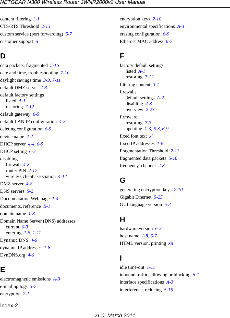 NETGEAR N300 Wireless Router JWNR2000v2 User Manual Index-2v1.0, March 2011content filtering  3-1CTS/RTS Threshold  2-13custom service (port forwarding)  5-7customer support  iiDdata packets, fragmented  5-16date and time, troubleshooting  7-10daylight savings time  3-9, 7-11default DMZ server  4-8default factory settingslisted  A-1restoring  7-12default gateway  6-5default LAN IP configuration  4-3deleting configuration  6-9device name  4-2DHCP server  4-4, 6-5DHCP setting  6-3disablingfirewall  4-8router PIN  2-17wireless client association  4-14DMZ server  4-8DNS servers  5-2Documentation Web page  1-4documents, reference  B-1domain name  1-8Domain Name Server (DNS) addressescurrent  6-3entering  1-8, 1-11Dynamic DNS  4-6dynamic IP addresses  1-8DynDNS.org  4-6Eelectromagnetic emissions  A-3e-mailing logs  3-7encryption  2-1encryption keys  2-10environmental specifications  A-3erasing configuration  6-9Ethernet MAC address  6-7Ffactory default settingslisted  A-1restoring  7-12filtering content  3-1firewallsdefault settings  A-2disabling  4-8overview  2-23firmwarerestoring  7-3updating  1-3, 6-3, 6-9fixed font text  xifixed IP addresses  1-8Fragmentation Threshold  2-13fragmented data packets  5-16frequency, channel  2-8Ggenerating encryption keys  2-10Gigabit Ethernet  5-25GUI language version  6-3Hhardware version  6-3host name  1-8, 6-7HTML version, printing  xiiIidle time-out  1-11inbound traffic, allowing or blocking  5-1interface specifications  A-3interference, reducing  5-16
