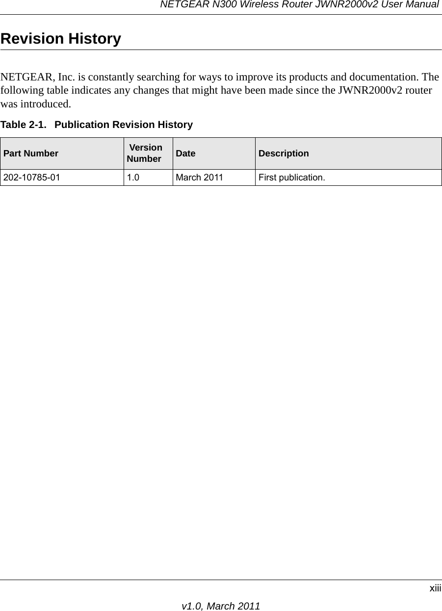 NETGEAR N300 Wireless Router JWNR2000v2 User Manual xiiiv1.0, March 2011Revision HistoryNETGEAR, Inc. is constantly searching for ways to improve its products and documentation. The following table indicates any changes that might have been made since the JWNR2000v2 router was introduced.Table 2-1.  Publication Revision HistoryPart Number  Version Number Date Description202-10785-01 1.0 March 2011 First publication.