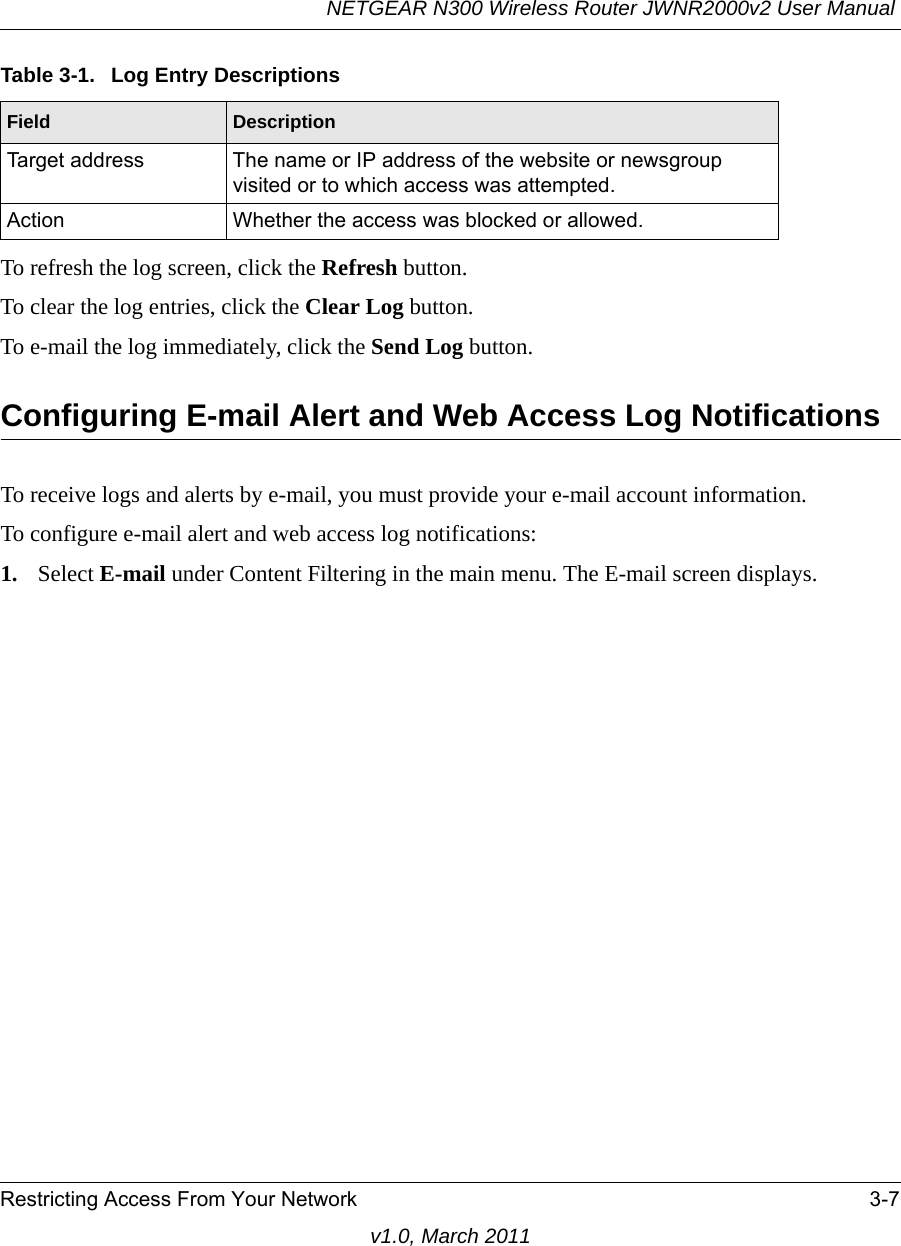 NETGEAR N300 Wireless Router JWNR2000v2 User Manual Restricting Access From Your Network 3-7v1.0, March 2011To refresh the log screen, click the Refresh button.To clear the log entries, click the Clear Log button.To e-mail the log immediately, click the Send Log button.Configuring E-mail Alert and Web Access Log NotificationsTo receive logs and alerts by e-mail, you must provide your e-mail account information. To configure e-mail alert and web access log notifications:1. Select E-mail under Content Filtering in the main menu. The E-mail screen displays.Target address The name or IP address of the website or newsgroup visited or to which access was attempted.Action Whether the access was blocked or allowed.Table 3-1.  Log Entry DescriptionsField Description