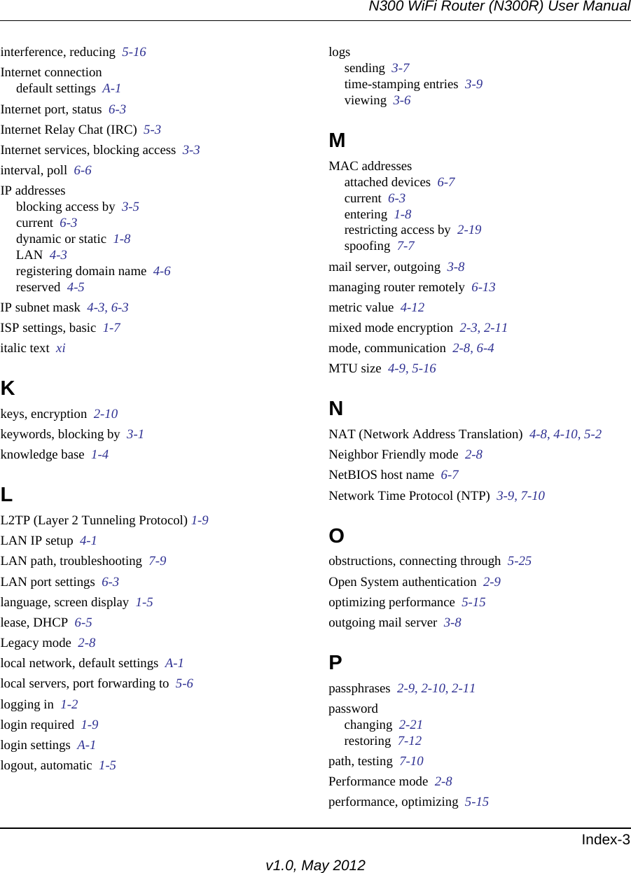 N300 WiFi Router (N300R) User ManualIndex-3v1.0, May 2012interference, reducing  5-16Internet connectiondefault settings  A-1Internet port, status  6-3Internet Relay Chat (IRC)  5-3Internet services, blocking access  3-3interval, poll  6-6IP addressesblocking access by  3-5current  6-3dynamic or static  1-8LAN  4-3registering domain name  4-6reserved  4-5IP subnet mask  4-3, 6-3ISP settings, basic  1-7italic text  xiKkeys, encryption  2-10keywords, blocking by  3-1knowledge base  1-4LL2TP (Layer 2 Tunneling Protocol) 1-9LAN IP setup  4-1LAN path, troubleshooting  7-9LAN port settings  6-3language, screen display  1-5lease, DHCP  6-5Legacy mode  2-8local network, default settings  A-1local servers, port forwarding to  5-6logging in  1-2login required  1-9login settings  A-1logout, automatic  1-5logssending  3-7time-stamping entries  3-9viewing  3-6MMAC addressesattached devices  6-7current  6-3entering  1-8restricting access by  2-19spoofing  7-7mail server, outgoing  3-8managing router remotely  6-13metric value  4-12mixed mode encryption  2-3, 2-11mode, communication  2-8, 6-4MTU size  4-9, 5-16NNAT (Network Address Translation)  4-8, 4-10, 5-2Neighbor Friendly mode  2-8NetBIOS host name  6-7Network Time Protocol (NTP)  3-9, 7-10Oobstructions, connecting through  5-25Open System authentication  2-9optimizing performance  5-15outgoing mail server  3-8Ppassphrases  2-9, 2-10, 2-11passwordchanging  2-21restoring  7-12path, testing  7-10Performance mode  2-8performance, optimizing  5-15