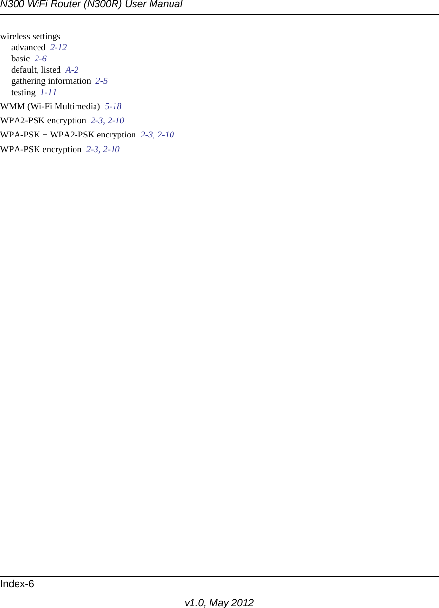 N300 WiFi Router (N300R) User ManualIndex-6v1.0, May 2012wireless settingsadvanced  2-12basic  2-6default, listed  A-2gathering information  2-5testing  1-11WMM (Wi-Fi Multimedia)  5-18WPA2-PSK encryption  2-3, 2-10WPA-PSK + WPA2-PSK encryption  2-3, 2-10WPA-PSK encryption  2-3, 2-10