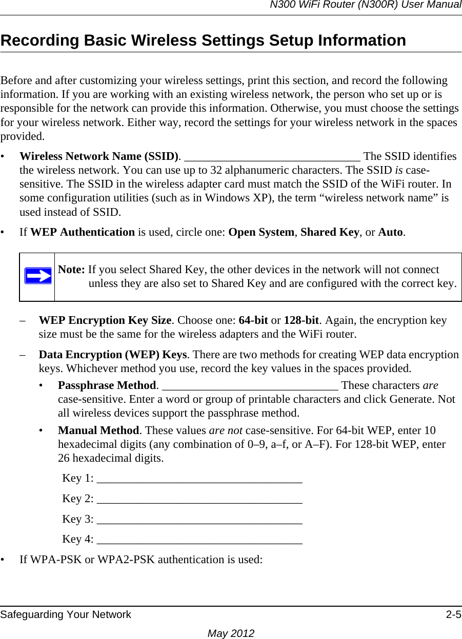 N300 WiFi Router (N300R) User ManualSafeguarding Your Network 2-5May 2012Recording Basic Wireless Settings Setup InformationBefore and after customizing your wireless settings, print this section, and record the following information. If you are working with an existing wireless network, the person who set up or is responsible for the network can provide this information. Otherwise, you must choose the settings for your wireless network. Either way, record the settings for your wireless network in the spaces provided.•Wireless Network Name (SSID). ______________________________ The SSID identifies the wireless network. You can use up to 32 alphanumeric characters. The SSID is case-sensitive. The SSID in the wireless adapter card must match the SSID of the WiFi router. In some configuration utilities (such as in Windows XP), the term “wireless network name” is used instead of SSID. •If WEP Authentication is used, circle one: Open System, Shared Key, or Auto. –WEP Encryption Key Size. Choose one: 64-bit or 128-bit. Again, the encryption key size must be the same for the wireless adapters and the WiFi router.–Data Encryption (WEP) Keys. There are two methods for creating WEP data encryption keys. Whichever method you use, record the key values in the spaces provided.•Passphrase Method. ______________________________ These characters are case-sensitive. Enter a word or group of printable characters and click Generate. Not all wireless devices support the passphrase method.•Manual Method. These values are not case-sensitive. For 64-bit WEP, enter 10 hexadecimal digits (any combination of 0–9, a–f, or A–F). For 128-bit WEP, enter 26 hexadecimal digits.        Key 1: ___________________________________         Key 2: ___________________________________         Key 3: ___________________________________         Key 4: ___________________________________ • If WPA-PSK or WPA2-PSK authentication is used:Note: If you select Shared Key, the other devices in the network will not connect unless they are also set to Shared Key and are configured with the correct key.