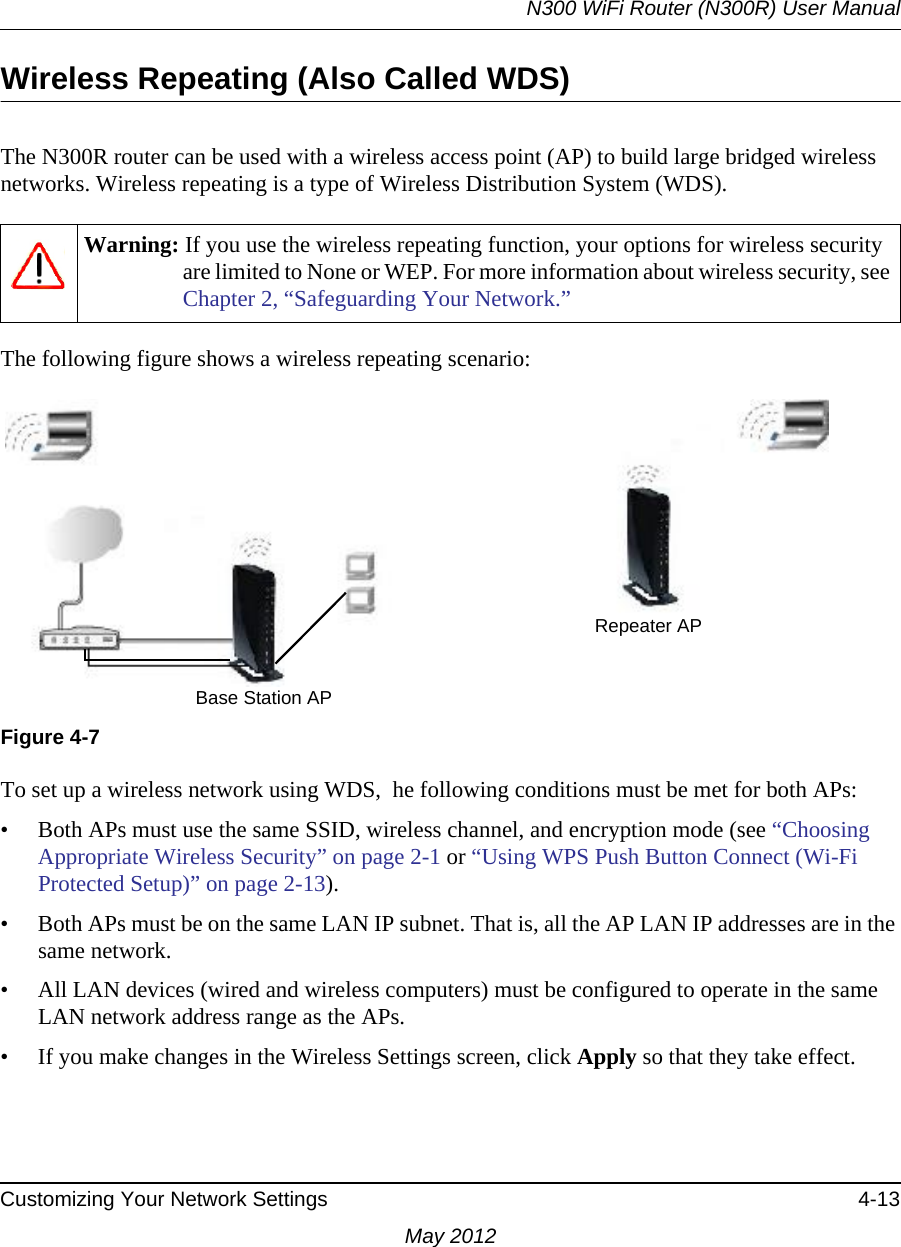 N300 WiFi Router (N300R) User ManualCustomizing Your Network Settings 4-13May 2012Wireless Repeating (Also Called WDS)The N300R router can be used with a wireless access point (AP) to build large bridged wireless networks. Wireless repeating is a type of Wireless Distribution System (WDS).The following figure shows a wireless repeating scenario: To set up a wireless network using WDS, he following conditions must be met for both APs:• Both APs must use the same SSID, wireless channel, and encryption mode (see “Choosing Appropriate Wireless Security” on page 2-1 or “Using WPS Push Button Connect (Wi-Fi Protected Setup)” on page 2-13).• Both APs must be on the same LAN IP subnet. That is, all the AP LAN IP addresses are in the same network.• All LAN devices (wired and wireless computers) must be configured to operate in the same LAN network address range as the APs.• If you make changes in the Wireless Settings screen, click Apply so that they take effect.Warning: If you use the wireless repeating function, your options for wireless security are limited to None or WEP. For more information about wireless security, see Chapter 2, “Safeguarding Your Network.”Figure 4-7Repeater APBase Station AP