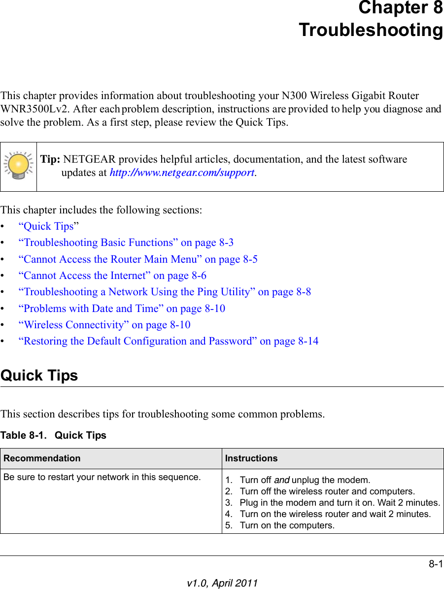 8-1v1.0, April 2011Chapter 8TroubleshootingThis chapter provides information about troubleshooting your N300 Wireless Gigabit Router WNR3500Lv2. After each problem description, instructions are provided to help you diagnose and solve the problem. As a first step, please review the Quick Tips.This chapter includes the following sections:•“Quick Tips”•“Troubleshooting Basic Functions” on page 8-3•“Cannot Access the Router Main Menu” on page 8-5•“Cannot Access the Internet” on page 8-6•“Troubleshooting a Network Using the Ping Utility” on page 8-8•“Problems with Date and Time” on page 8-10•“Wireless Connectivity” on page 8-10•“Restoring the Default Configuration and Password” on page 8-14Quick TipsThis section describes tips for troubleshooting some common problems.Tip: NETGEAR provides helpful articles, documentation, and the latest software updates at http://www.netgear.com/support.Table 8-1.  Quick Tips Recommendation InstructionsBe sure to restart your network in this sequence. 1. Turn off and unplug the modem. 2. Turn off the wireless router and computers.3. Plug in the modem and turn it on. Wait 2 minutes.4. Turn on the wireless router and wait 2 minutes.5. Turn on the computers. 