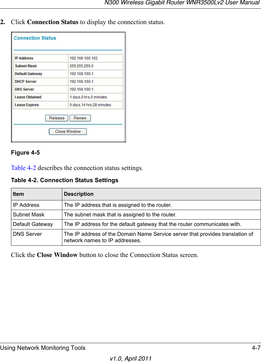 N300 Wireless Gigabit Router WNR3500Lv2 User Manual Using Network Monitoring Tools 4-7v1.0, April 20112. Click Connection Status to display the connection status.Table 4-2 describes the connection status settings.Click the Close Window button to close the Connection Status screen.Figure 4-5Table 4-2. Connection Status SettingsItem DescriptionIP Address The IP address that is assigned to the router.Subnet Mask The subnet mask that is assigned to the router.Default Gateway The IP address for the default gateway that the router communicates with.DNS Server The IP address of the Domain Name Service server that provides translation of network names to IP addresses.