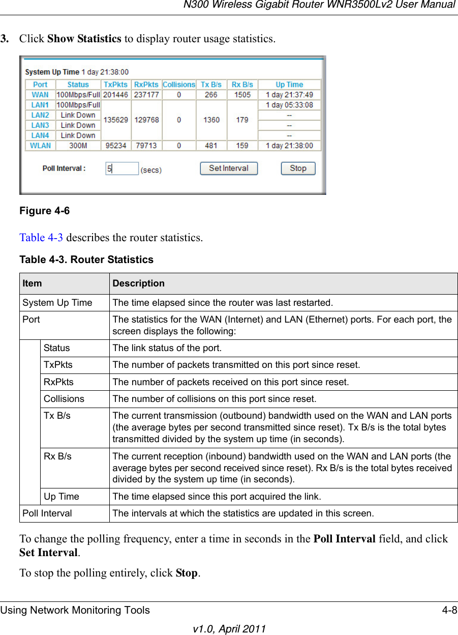 N300 Wireless Gigabit Router WNR3500Lv2 User Manual Using Network Monitoring Tools 4-8v1.0, April 20113. Click Show Statistics to display router usage statistics.Table 4-3 describes the router statistics.To change the polling frequency, enter a time in seconds in the Poll Interval field, and click Set Interval.To stop the polling entirely, click Stop.Figure 4-6Table 4-3. Router StatisticsItem DescriptionSystem Up Time The time elapsed since the router was last restarted.Port The statistics for the WAN (Internet) and LAN (Ethernet) ports. For each port, the screen displays the following:Status The link status of the port.TxPkts The number of packets transmitted on this port since reset.RxPkts The number of packets received on this port since reset.Collisions The number of collisions on this port since reset.Tx B/s The current transmission (outbound) bandwidth used on the WAN and LAN ports (the average bytes per second transmitted since reset). Tx B/s is the total bytes transmitted divided by the system up time (in seconds).Rx B/s The current reception (inbound) bandwidth used on the WAN and LAN ports (the average bytes per second received since reset). Rx B/s is the total bytes received divided by the system up time (in seconds).Up Time The time elapsed since this port acquired the link.Poll Interval The intervals at which the statistics are updated in this screen. 