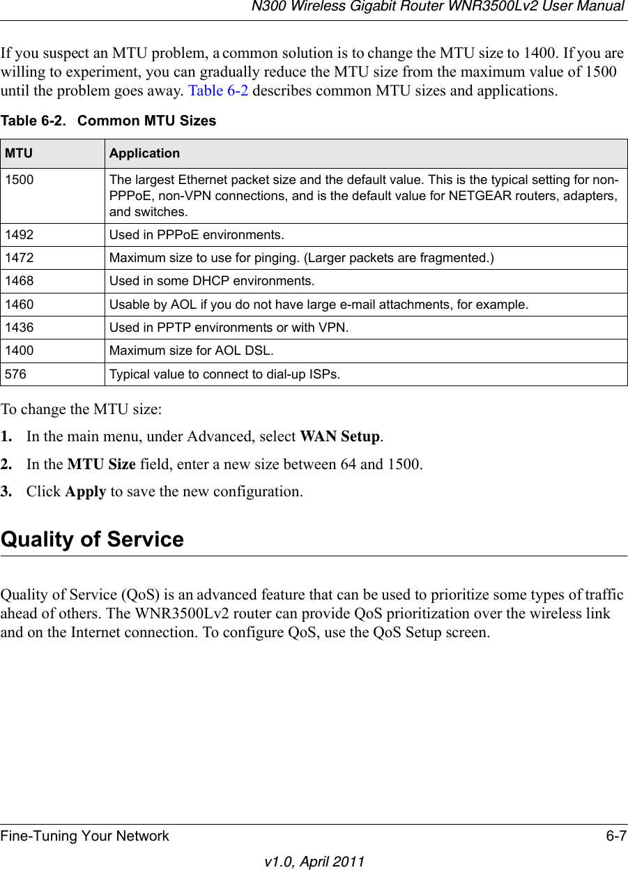 N300 Wireless Gigabit Router WNR3500Lv2 User Manual Fine-Tuning Your Network 6-7v1.0, April 2011If you suspect an MTU problem, a common solution is to change the MTU size to 1400. If you are willing to experiment, you can gradually reduce the MTU size from the maximum value of 1500 until the problem goes away. Table 6-2 describes common MTU sizes and applications.To change the MTU size:1. In the main menu, under Advanced, select WA N  S e tu p . 2. In the MTU Size field, enter a new size between 64 and 1500.3. Click Apply to save the new configuration.Quality of ServiceQuality of Service (QoS) is an advanced feature that can be used to prioritize some types of traffic ahead of others. The WNR3500Lv2 router can provide QoS prioritization over the wireless link and on the Internet connection. To configure QoS, use the QoS Setup screen. Table 6-2.  Common MTU SizesMTU Application1500 The largest Ethernet packet size and the default value. This is the typical setting for non-PPPoE, non-VPN connections, and is the default value for NETGEAR routers, adapters, and switches.1492 Used in PPPoE environments.1472 Maximum size to use for pinging. (Larger packets are fragmented.)1468 Used in some DHCP environments.1460 Usable by AOL if you do not have large e-mail attachments, for example.1436 Used in PPTP environments or with VPN.1400 Maximum size for AOL DSL.576 Typical value to connect to dial-up ISPs.