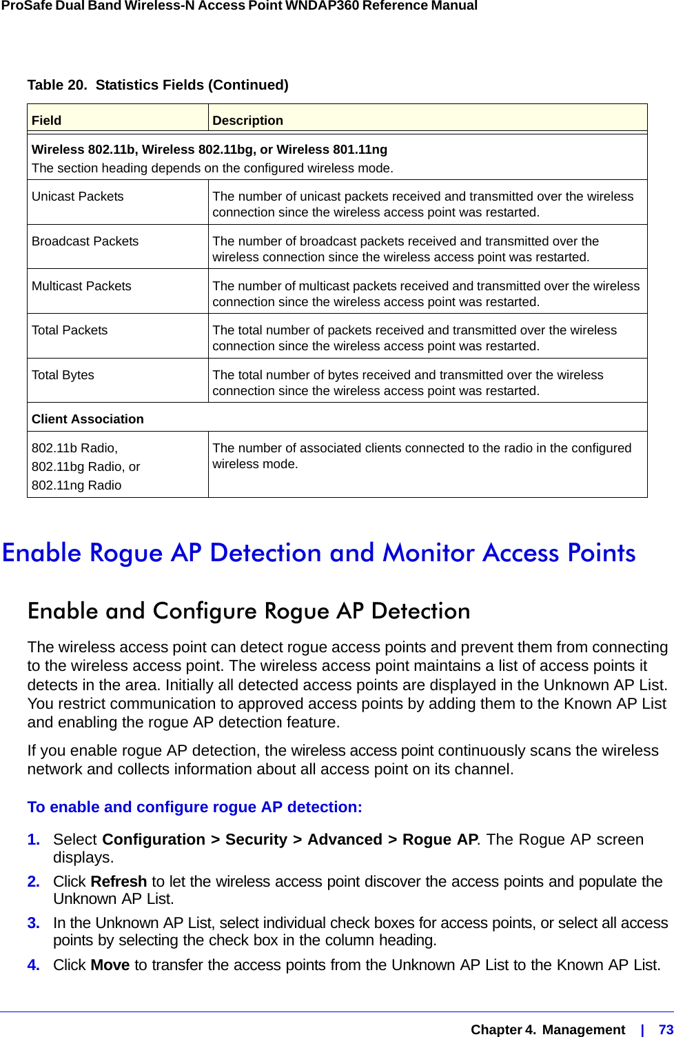   Chapter 4.  Management    |    73ProSafe Dual Band Wireless-N Access Point WNDAP360 Reference Manual Enable Rogue AP Detection and Monitor Access PointsEnable and Configure Rogue AP DetectionThe wireless access point can detect rogue access points and prevent them from connecting to the wireless access point. The wireless access point maintains a list of access points it detects in the area. Initially all detected access points are displayed in the Unknown AP List. You restrict communication to approved access points by adding them to the Known AP List and enabling the rogue AP detection feature.If you enable rogue AP detection, the wireless access point continuously scans the wireless network and collects information about all access point on its channel.To enable and configure rogue AP detection:1.  Select Configuration &gt; Security &gt; Advanced &gt; Rogue AP. The Rogue AP screen displays.2.  Click Refresh to let the wireless access point discover the access points and populate the Unknown AP List.3.  In the Unknown AP List, select individual check boxes for access points, or select all access points by selecting the check box in the column heading.4.  Click Move to transfer the access points from the Unknown AP List to the Known AP List.Wireless 802.11b, Wireless 802.11bg, or Wireless 801.11ngThe section heading depends on the configured wireless mode.Unicast Packets The number of unicast packets received and transmitted over the wireless connection since the wireless access point was restarted.Broadcast Packets The number of broadcast packets received and transmitted over the wireless connection since the wireless access point was restarted.Multicast Packets The number of multicast packets received and transmitted over the wireless connection since the wireless access point was restarted.Total Packets The total number of packets received and transmitted over the wireless connection since the wireless access point was restarted.Total Bytes The total number of bytes received and transmitted over the wireless connection since the wireless access point was restarted.Client Association802.11b Radio,802.11bg Radio, or802.11ng RadioThe number of associated clients connected to the radio in the configured wireless mode.Table 20.  Statistics Fields (Continued)Field  Description