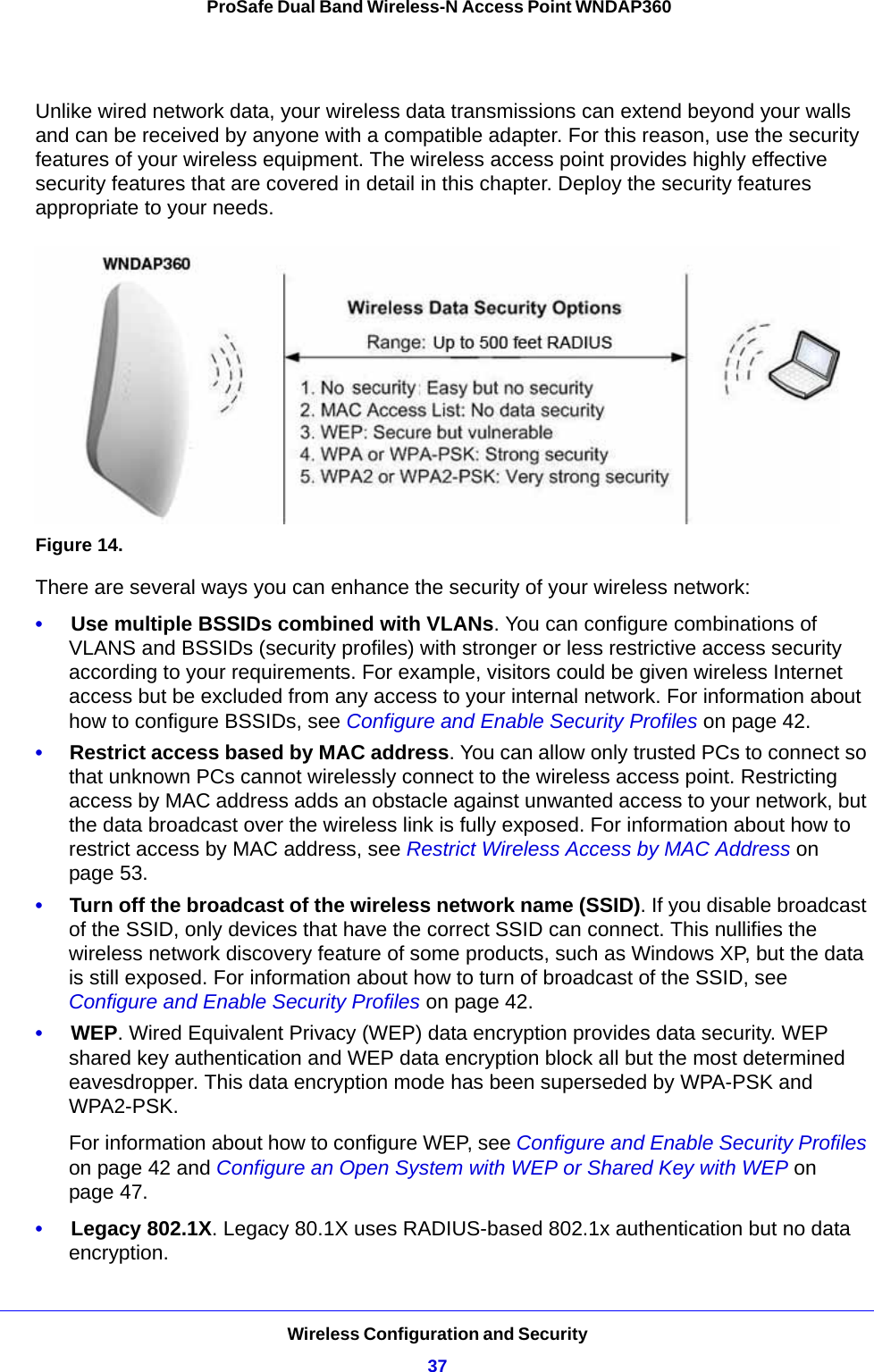 Wireless Configuration and Security37 ProSafe Dual Band Wireless-N Access Point WNDAP360Unlike wired network data, your wireless data transmissions can extend beyond your walls and can be received by anyone with a compatible adapter. For this reason, use the security features of your wireless equipment. The wireless access point provides highly effective security features that are covered in detail in this chapter. Deploy the security features appropriate to your needs.Figure 14. There are several ways you can enhance the security of your wireless network:•     Use multiple BSSIDs combined with VLANs. You can configure combinations of VLANS and BSSIDs (security profiles) with stronger or less restrictive access security according to your requirements. For example, visitors could be given wireless Internet access but be excluded from any access to your internal network. For information about how to configure BSSIDs, see Configure and Enable Security Profiles on page 42.•     Restrict access based by MAC address. You can allow only trusted PCs to connect so that unknown PCs cannot wirelessly connect to the wireless access point. Restricting access by MAC address adds an obstacle against unwanted access to your network, but the data broadcast over the wireless link is fully exposed. For information about how to restrict access by MAC address, see Restrict Wireless Access by MAC Address on page 53.•     Turn off the broadcast of the wireless network name (SSID). If you disable broadcast of the SSID, only devices that have the correct SSID can connect. This nullifies the wireless network discovery feature of some products, such as Windows XP, but the data is still exposed. For information about how to turn of broadcast of the SSID, see Configure and Enable Security Profiles on page 42.•     WEP. Wired Equivalent Privacy (WEP) data encryption provides data security. WEP shared key authentication and WEP data encryption block all but the most determined eavesdropper. This data encryption mode has been superseded by WPA-PSK and WPA2-PSK. For information about how to configure WEP, see Configure and Enable Security Profiles on page 42 and Configure an Open System with WEP or Shared Key with WEP on page 47.•     Legacy 802.1X. Legacy 80.1X uses RADIUS-based 802.1x authentication but no data encryption.