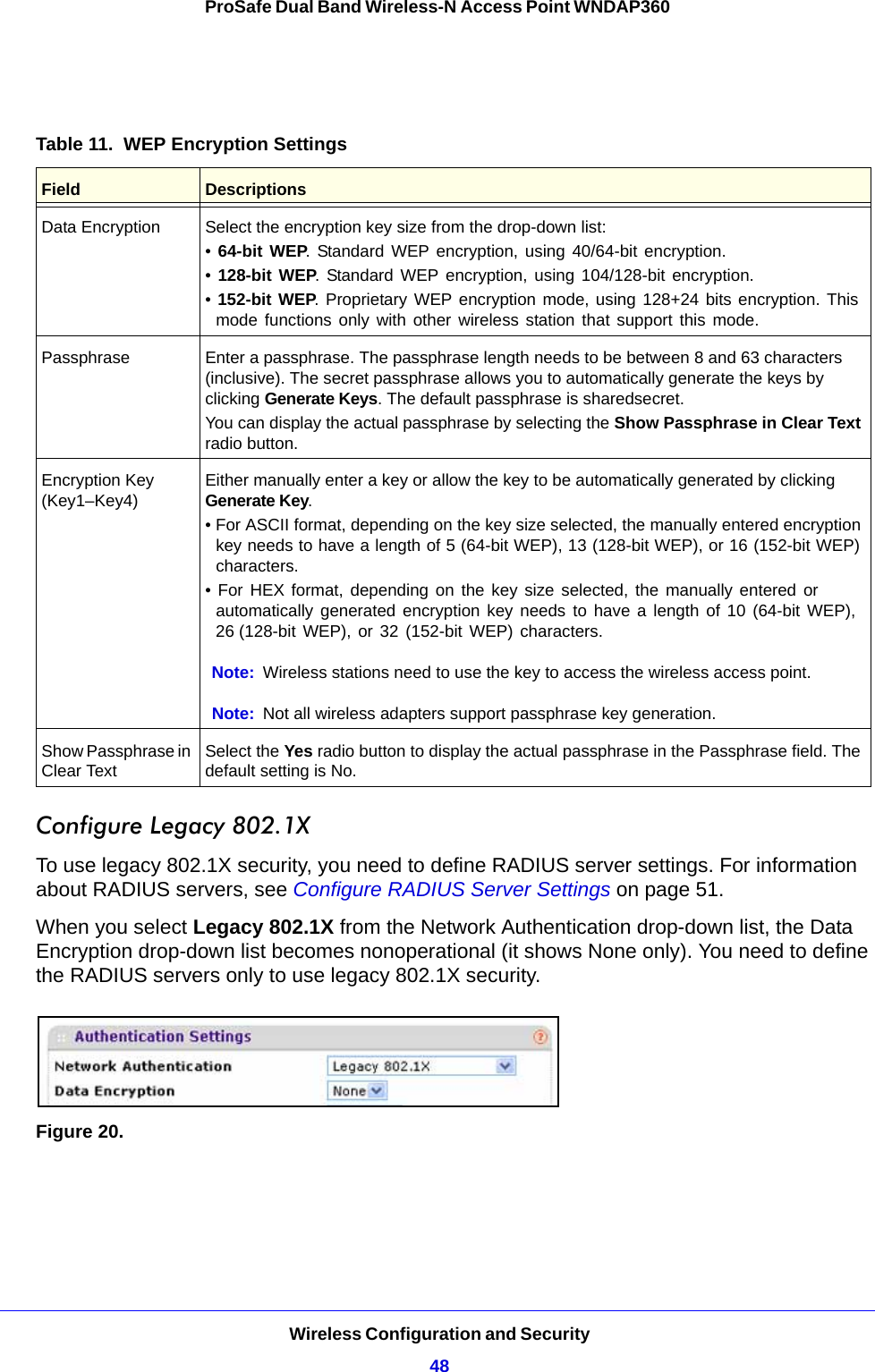 Wireless Configuration and Security48ProSafe Dual Band Wireless-N Access Point WNDAP360 Configure Legacy 802.1XTo use legacy 802.1X security, you need to define RADIUS server settings. For information about RADIUS servers, see Configure RADIUS Server Settings on page 51.When you select Legacy 802.1X from the Network Authentication drop-down list, the Data Encryption drop-down list becomes nonoperational (it shows None only). You need to define the RADIUS servers only to use legacy 802.1X security.Figure 20. Table 11.  WEP Encryption Settings Field DescriptionsData Encryption Select the encryption key size from the drop-down list:• 64-bit WEP. Standard WEP encryption, using 40/64-bit encryption.• 128-bit WEP. Standard WEP encryption, using 104/128-bit encryption.• 152-bit WEP. Proprietary WEP encryption mode, using 128+24 bits encryption. This mode functions only with other wireless station that support this mode.Passphrase Enter a passphrase. The passphrase length needs to be between 8 and 63 characters (inclusive). The secret passphrase allows you to automatically generate the keys by clicking Generate Keys. The default passphrase is sharedsecret.You can display the actual passphrase by selecting the Show Passphrase in Clear Text radio button. Encryption Key (Key1–Key4)Either manually enter a key or allow the key to be automatically generated by clicking Generate Key.• For ASCII format, depending on the key size selected, the manually entered encryption key needs to have a length of 5 (64-bit WEP), 13 (128-bit WEP), or 16 (152-bit WEP) characters.• For HEX format, depending on the key size selected, the manually entered or automatically generated encryption key needs to have a length of 10 (64-bit WEP), 26 (128-bit WEP), or 32 (152-bit WEP) characters.Note: Wireless stations need to use the key to access the wireless access point.Note: Not all wireless adapters support passphrase key generation.Show Passphrase in Clear TextSelect the Yes radio button to display the actual passphrase in the Passphrase field. The default setting is No.