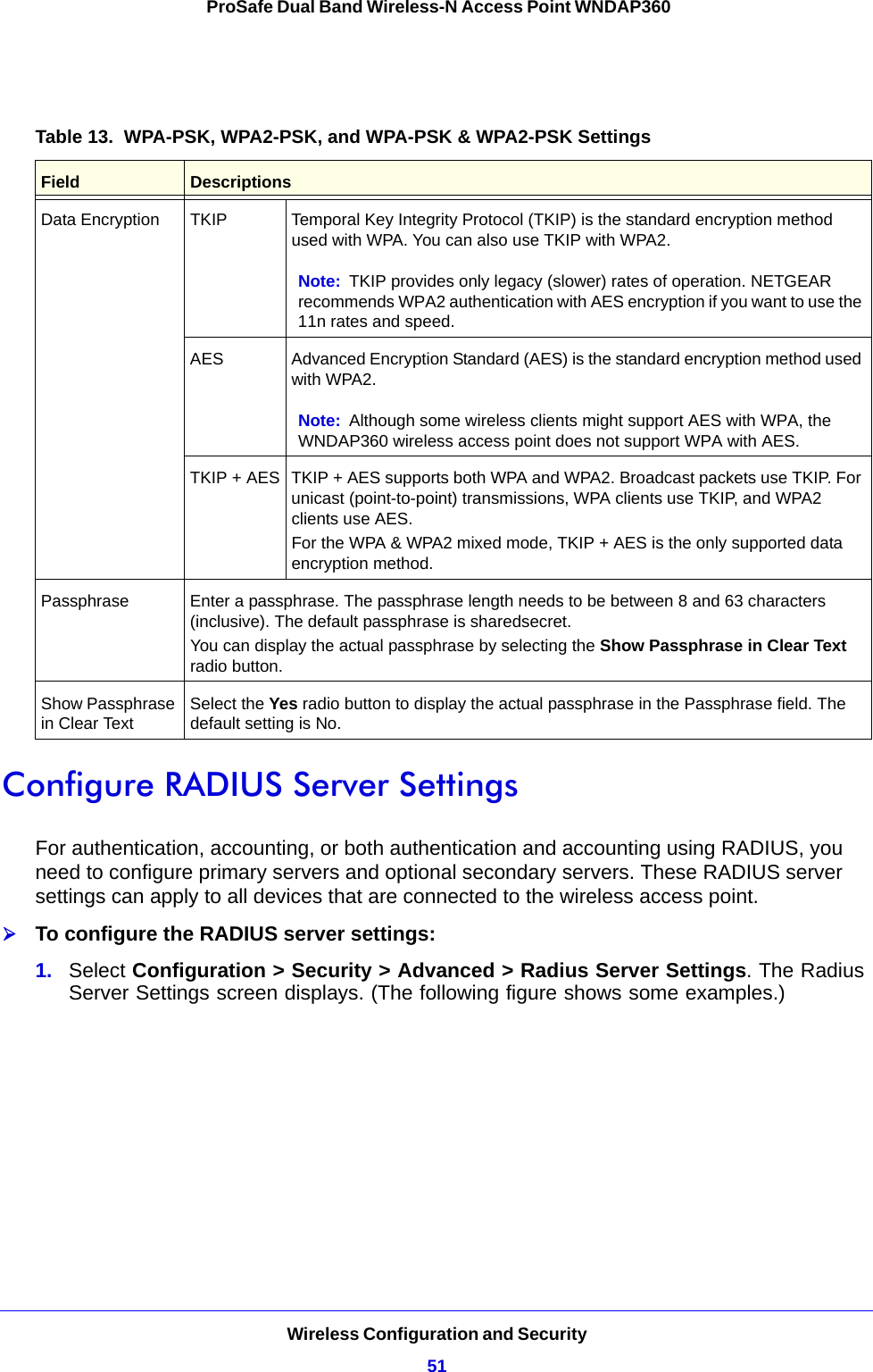 Wireless Configuration and Security51 ProSafe Dual Band Wireless-N Access Point WNDAP360Configure RADIUS Server SettingsFor authentication, accounting, or both authentication and accounting using RADIUS, you need to configure primary servers and optional secondary servers. These RADIUS server settings can apply to all devices that are connected to the wireless access point.To configure the RADIUS server settings:1.  Select Configuration &gt; Security &gt; Advanced &gt; Radius Server Settings. The Radius Server Settings screen displays. (The following figure shows some examples.)Table 13.  WPA-PSK, WPA2-PSK, and WPA-PSK &amp; WPA2-PSK Settings Field DescriptionsData Encryption TKIP Temporal Key Integrity Protocol (TKIP) is the standard encryption method used with WPA. You can also use TKIP with WPA2.Note: TKIP provides only legacy (slower) rates of operation. NETGEAR recommends WPA2 authentication with AES encryption if you want to use the 11n rates and speed. AES Advanced Encryption Standard (AES) is the standard encryption method used with WPA2.Note: Although some wireless clients might support AES with WPA, the WNDAP360 wireless access point does not support WPA with AES.TKIP + AES TKIP + AES supports both WPA and WPA2. Broadcast packets use TKIP. For unicast (point-to-point) transmissions, WPA clients use TKIP, and WPA2 clients use AES.For the WPA &amp; WPA2 mixed mode, TKIP + AES is the only supported data encryption method.Passphrase Enter a passphrase. The passphrase length needs to be between 8 and 63 characters (inclusive). The default passphrase is sharedsecret.You can display the actual passphrase by selecting the Show Passphrase in Clear Text radio button. Show Passphrase in Clear TextSelect the Yes radio button to display the actual passphrase in the Passphrase field. The default setting is No.