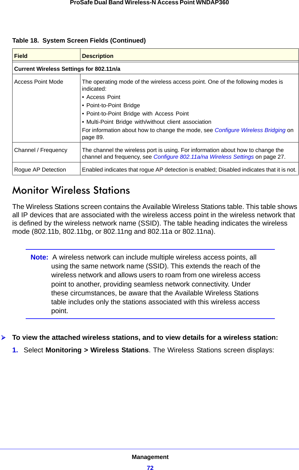 Management72ProSafe Dual Band Wireless-N Access Point WNDAP360 Monitor Wireless StationsThe Wireless Stations screen contains the Available Wireless Stations table. This table shows all IP devices that are associated with the wireless access point in the wireless network that is defined by the wireless network name (SSID). The table heading indicates the wireless mode (802.11b, 802.11bg, or 802.11ng and 802.11a or 802.11na).Note:  A wireless network can include multiple wireless access points, all using the same network name (SSID). This extends the reach of the wireless network and allows users to roam from one wireless access point to another, providing seamless network connectivity. Under these circumstances, be aware that the Available Wireless Stations table includes only the stations associated with this wireless access point.To view the attached wireless stations, and to view details for a wireless station:1.  Select Monitoring &gt; Wireless Stations. The Wireless Stations screen displays:Current Wireless Settings for 802.11n/aAccess Point Mode The operating mode of the wireless access point. One of the following modes is indicated:• Access Point• Point-to-Point Bridge• Point-to-Point Bridge with Access Point• Multi-Point Bridge with/without client associationFor information about how to change the mode, see Configure Wireless Bridging on page 89.Channel / Frequency The channel the wireless port is using. For information about how to change the channel and frequency, see Configure 802.11a/na Wireless Settings on page 27.Rogue AP Detection Enabled indicates that rogue AP detection is enabled; Disabled indicates that it is not.Table 18.  System Screen Fields (Continued)Field  Description