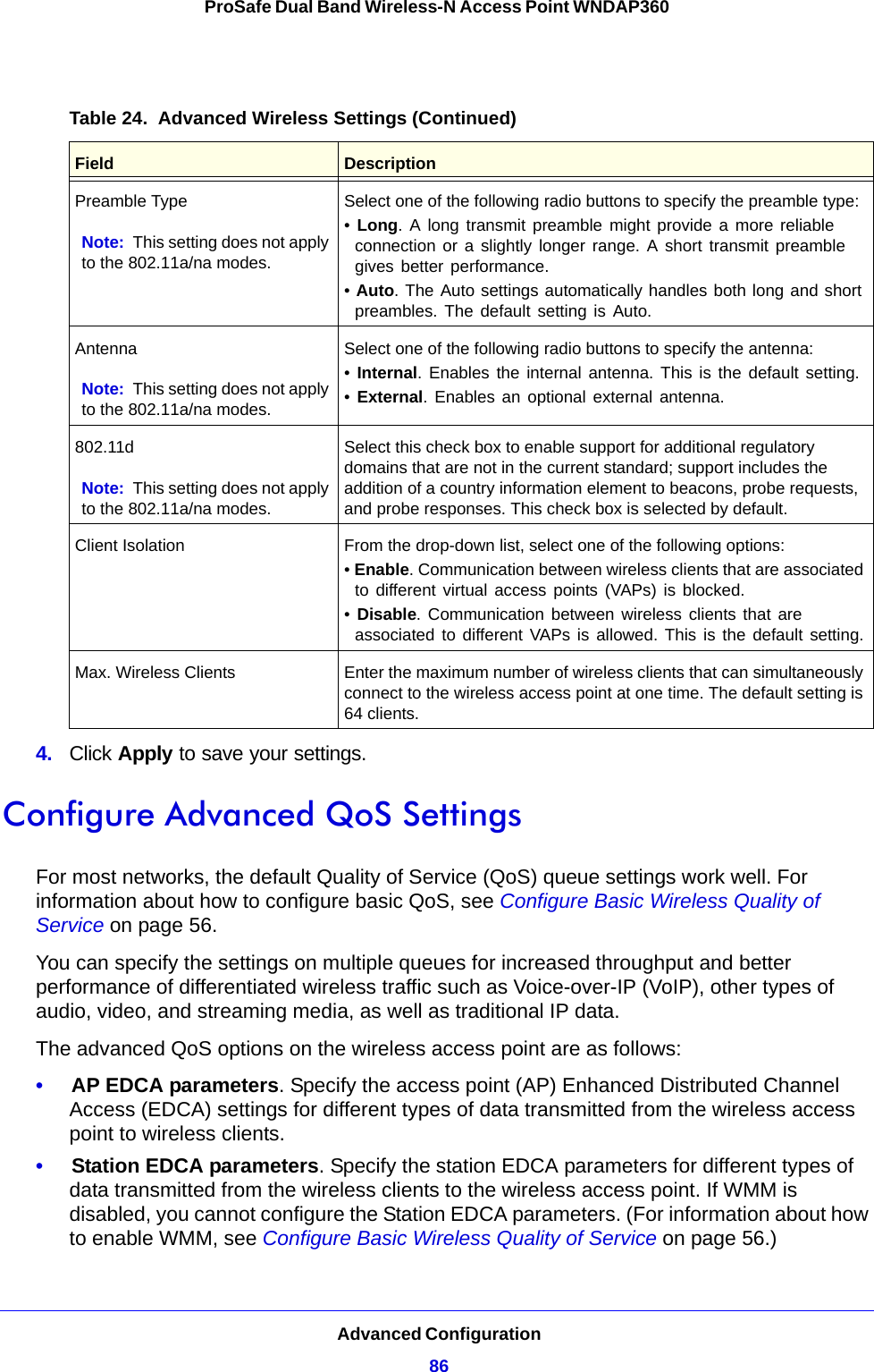 Advanced Configuration86ProSafe Dual Band Wireless-N Access Point WNDAP360 4.  Click Apply to save your settings. Configure Advanced QoS SettingsFor most networks, the default Quality of Service (QoS) queue settings work well. For information about how to configure basic QoS, see Configure Basic Wireless Quality of Service on page 56. You can specify the settings on multiple queues for increased throughput and better performance of differentiated wireless traffic such as Voice-over-IP (VoIP), other types of audio, video, and streaming media, as well as traditional IP data.The advanced QoS options on the wireless access point are as follows:•     AP EDCA parameters. Specify the access point (AP) Enhanced Distributed Channel Access (EDCA) settings for different types of data transmitted from the wireless access point to wireless clients.•     Station EDCA parameters. Specify the station EDCA parameters for different types of data transmitted from the wireless clients to the wireless access point. If WMM is disabled, you cannot configure the Station EDCA parameters. (For information about how to enable WMM, see Configure Basic Wireless Quality of Service on page 56.)Preamble TypeNote: This setting does not apply to the 802.11a/na modes.Select one of the following radio buttons to specify the preamble type:• Long. A long transmit preamble might provide a more reliable connection or a slightly longer range. A short transmit preamble gives better performance.• Auto. The Auto settings automatically handles both long and short preambles. The default setting is Auto.AntennaNote: This setting does not apply to the 802.11a/na modes.Select one of the following radio buttons to specify the antenna:• Internal. Enables the internal antenna. This is the default setting.• External. Enables an optional external antenna.802.11dNote: This setting does not apply to the 802.11a/na modes.Select this check box to enable support for additional regulatory domains that are not in the current standard; support includes the addition of a country information element to beacons, probe requests, and probe responses. This check box is selected by default.Client Isolation From the drop-down list, select one of the following options:• Enable. Communication between wireless clients that are associated to different virtual access points (VAPs) is blocked.• Disable. Communication between wireless clients that are associated to different VAPs is allowed. This is the default setting.Max. Wireless Clients Enter the maximum number of wireless clients that can simultaneously connect to the wireless access point at one time. The default setting is 64 clients.Table 24.  Advanced Wireless Settings (Continued)Field Description
