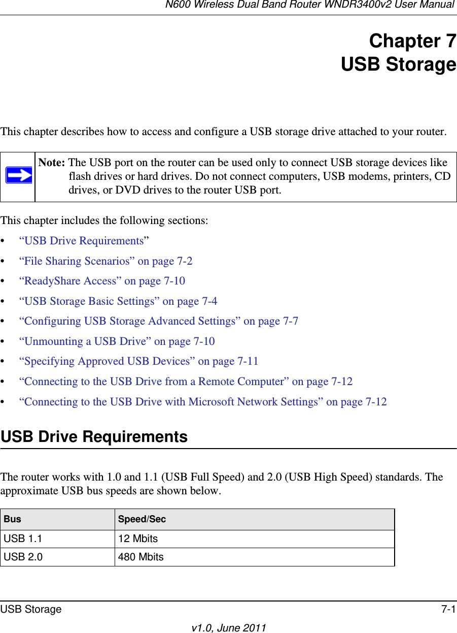 N600 Wireless Dual Band Router WNDR3400v2 User Manual USB Storage 7-1v1.0, June 2011Chapter 7USB StorageThis chapter describes how to access and configure a USB storage drive attached to your router.This chapter includes the following sections:•“USB Drive Requirements” •“File Sharing Scenarios” on page 7-2 •“ReadyShare Access” on page 7-10 •“USB Storage Basic Settings” on page 7-4 •“Configuring USB Storage Advanced Settings” on page 7-7 •“Unmounting a USB Drive” on page 7-10 •“Specifying Approved USB Devices” on page 7-11 •“Connecting to the USB Drive from a Remote Computer” on page 7-12 •“Connecting to the USB Drive with Microsoft Network Settings” on page 7-12 USB Drive RequirementsThe router works with 1.0 and 1.1 (USB Full Speed) and 2.0 (USB High Speed) standards. The approximate USB bus speeds are shown below.Note: The USB port on the router can be used only to connect USB storage devices like flash drives or hard drives. Do not connect computers, USB modems, printers, CD drives, or DVD drives to the router USB port.Bus Speed/SecUSB 1.1 12 MbitsUSB 2.0 480 Mbits