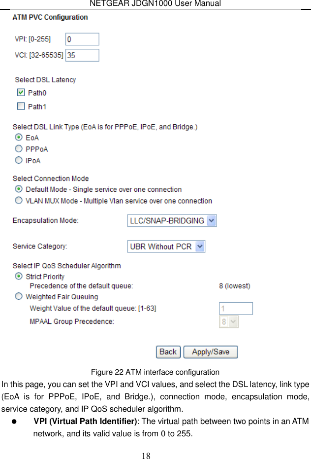 NETGEAR JDGN1000 User Manual 18  Figure 22 ATM interface configuration In this page, you can set the VPI and VCI values, and select the DSL latency, link type (EoA  is  for  PPPoE,  IPoE,  and  Bridge.),  connection  mode,  encapsulation  mode, service category, and IP QoS scheduler algorithm.    VPI (Virtual Path Identifier): The virtual path between two points in an ATM network, and its valid value is from 0 to 255. 