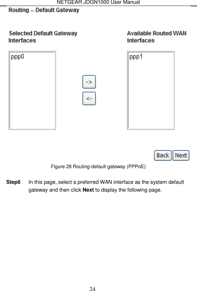NETGEAR JDGN1000 User Manual 24  Figure 28 Routing-default gateway (PPPoE)  Step6  In this page, select a preferred WAN interface as the system default gateway and then click Next to display the following page. 
