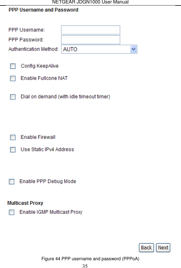 NETGEAR JDGN1000 User Manual 35  Figure 44 PPP username and password (PPPoA) 