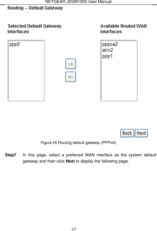 NETGEAR JDGN1000 User Manual 37  Figure 45 Routing-default gateway (PPPoA)  Step7  In  this  page,  select  a  preferred  WAN  interface  as  the  system  default gateway and then click Next to display the following page. 