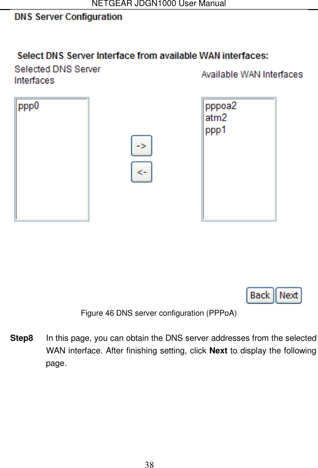 NETGEAR JDGN1000 User Manual 38  Figure 46 DNS server configuration (PPPoA)  Step8  In this page, you can obtain the DNS server addresses from the selected WAN interface. After finishing setting, click Next to display the following page. 