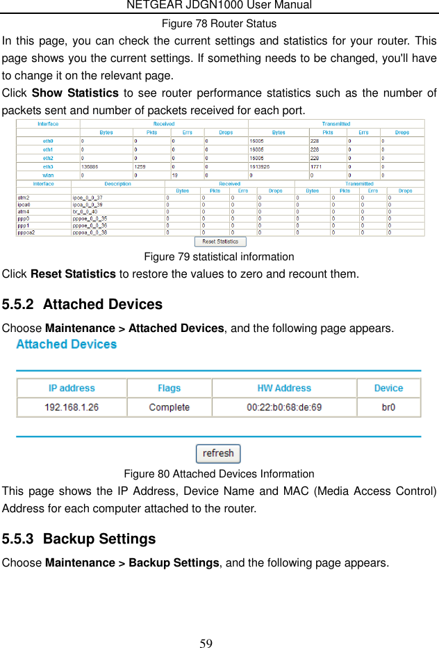 NETGEAR JDGN1000 User Manual 59 Figure 78 Router Status In this page, you can check the current settings and statistics for your router. This page shows you the current settings. If something needs to be changed, you&apos;ll have to change it on the relevant page. Click Show Statistics to see router performance  statistics such  as the number  of packets sent and number of packets received for each port.  Figure 79 statistical information Click Reset Statistics to restore the values to zero and recount them. 5.5.2  Attached Devices Choose Maintenance &gt; Attached Devices, and the following page appears.  Figure 80 Attached Devices Information This page shows the IP Address, Device Name and MAC (Media Access Control) Address for each computer attached to the router. 5.5.3  Backup Settings Choose Maintenance &gt; Backup Settings, and the following page appears. 