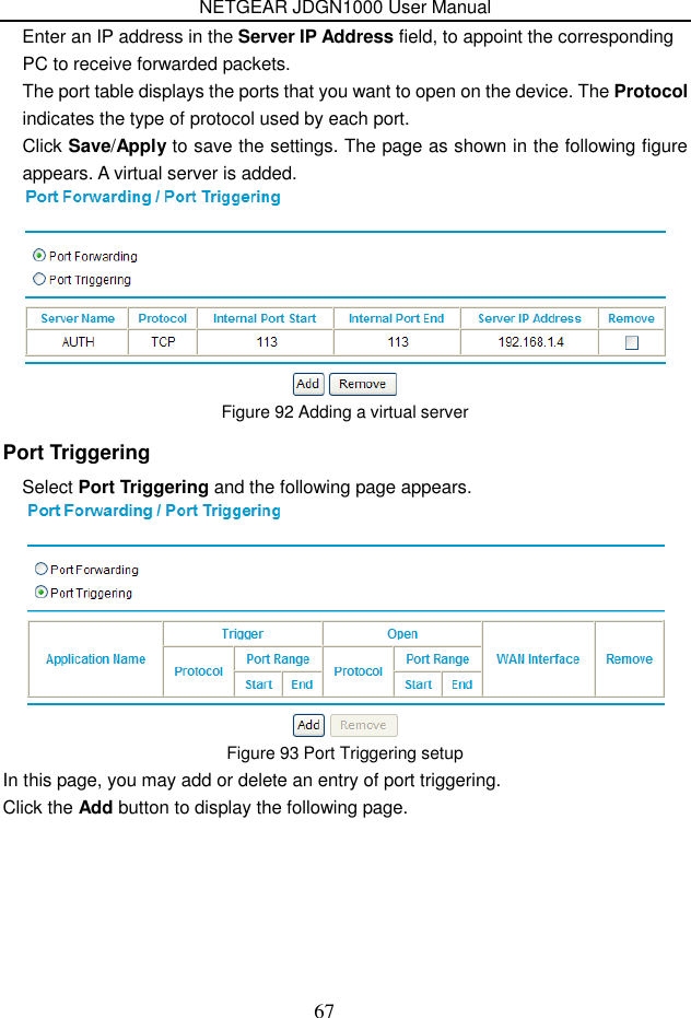 NETGEAR JDGN1000 User Manual 67 Enter an IP address in the Server IP Address field, to appoint the corresponding PC to receive forwarded packets. The port table displays the ports that you want to open on the device. The Protocol indicates the type of protocol used by each port. Click Save/Apply to save the settings. The page as shown in the following figure appears. A virtual server is added.  Figure 92 Adding a virtual server Port Triggering Select Port Triggering and the following page appears.  Figure 93 Port Triggering setup In this page, you may add or delete an entry of port triggering. Click the Add button to display the following page. 