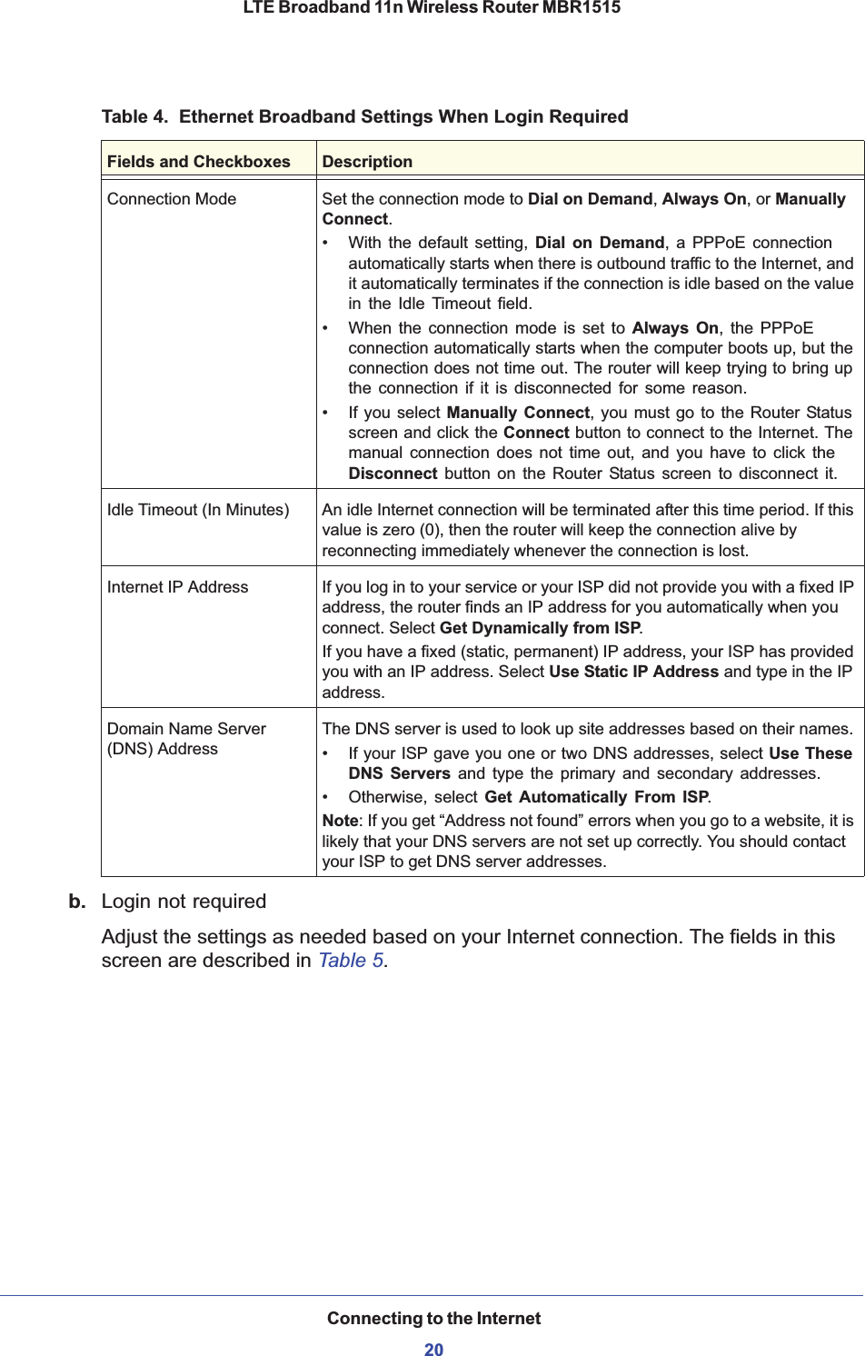 Connecting to the Internet20LTE Broadband 11n Wireless Router MBR1515 b. Login not requiredAdjust the settings as needed based on your Internet connection. The fields in this screen are described in Table 5.Connection Mode Set the connection mode to Dial on Demand,Always On, or ManuallyConnect.• With the default setting, Dial on Demand, a PPPoE connection automatically starts when there is outbound traffic to the Internet, and it automatically terminates if the connection is idle based on the value in the Idle Timeout field.• When the connection mode is set to Always On, the PPPoEconnection automatically starts when the computer boots up, but the connection does not time out. The router will keep trying to bring up the connection if it is disconnected for some reason.• If you select Manually Connect, you must go to the Router Status screen and click the Connect button to connect to the Internet. The manual connection does not time out, and you have to click the Disconnect button on the Router Status screen to disconnect it.Idle Timeout (In Minutes) An idle Internet connection will be terminated after this time period. If this value is zero (0), then the router will keep the connection alive by reconnecting immediately whenever the connection is lost.Internet IP Address If you log in to your service or your ISP did not provide you with a fixed IP address, the router finds an IP address for you automatically when you connect. Select Get Dynamically from ISP.If you have a fixed (static, permanent) IP address, your ISP has provided you with an IP address. Select Use Static IP Address and type in the IP address. Domain Name Server (DNS) AddressThe DNS server is used to look up site addresses based on their names. • If your ISP gave you one or two DNS addresses, select Use These DNS Servers and type the primary and secondary addresses. • Otherwise, select Get Automatically From ISP.Note: If you get “Address not found” errors when you go to a website, it is likely that your DNS servers are not set up correctly. You should contact your ISP to get DNS server addresses. Table 4.  Ethernet Broadband Settings When Login RequiredFields and Checkboxes Description