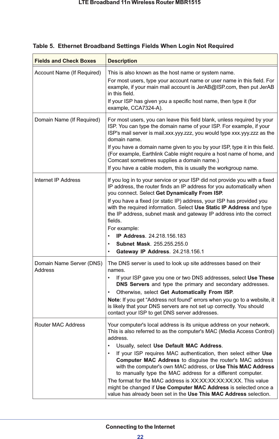 Table 5.  Ethernet Broadband Settings Fields When Login Not Required Fields and Check Boxes DescriptionAccount Name (If Required) This is also known as the host name or system name.For most users, type your account name or user name in this field. For example, if your main mail account is JerAB@ISP.com, then put JerAB in this field. If your ISP has given you a specific host name, then type it (for example, CCA7324-A). Domain Name (If Required) For most users, you can leave this field blank, unless required by your ISP. You can type the domain name of your ISP. For example, if your ISP&apos;s mail server is mail.xxx.yyy.zzz, you would type xxx.yyy.zzz as the domain name. If you have a domain name given to you by your ISP, type it in this field. (For example, Earthlink Cable might require a host name of home, and Comcast sometimes supplies a domain name.) If you have a cable modem, this is usually the workgroup name. Internet IP Address If you log in to your service or your ISP did not provide you with a fixed IP address, the router finds an IP address for you automatically when you connect. Select Get Dynamically From ISP.If you have a fixed (or static IP) address, your ISP has provided you with the required information. Select Use Static IP Address and type the IP address, subnet mask and gateway IP address into the correct fields. For example: •IP Address. 24.218.156.183 •Subnet Mask. 255.255.255.0 •Gateway IP Address. 24.218.156.1 Domain Name Server (DNS) AddressThe DNS server is used to look up site addresses based on their names.• If your ISP gave you one or two DNS addresses, select Use These DNS Servers and type the primary and secondary addresses. • Otherwise, select Get Automatically From ISP.Note: If you get “Address not found” errors when you go to a website, it is likely that your DNS servers are not set up correctly. You should contact your ISP to get DNS server addresses. Router MAC Address Your computer&apos;s local address is its unique address on your network. This is also referred to as the computer&apos;s MAC (Media Access Control) address. • Usually, select Use Default MAC Address.• If your ISP requires MAC authentication, then select either Use Computer MAC Address to disguise the router&apos;s MAC address with the computer&apos;s own MAC address, or Use This MAC Addressto manually type the MAC address for a different computer. The format for the MAC address is XX:XX:XX:XX:XX:XX. This value might be changed if Use Computer MAC Address is selected once a value has already been set in the Use This MAC Address selection. Connecting to the Internet22LTE Broadband 11n Wireless Router MBR1515 