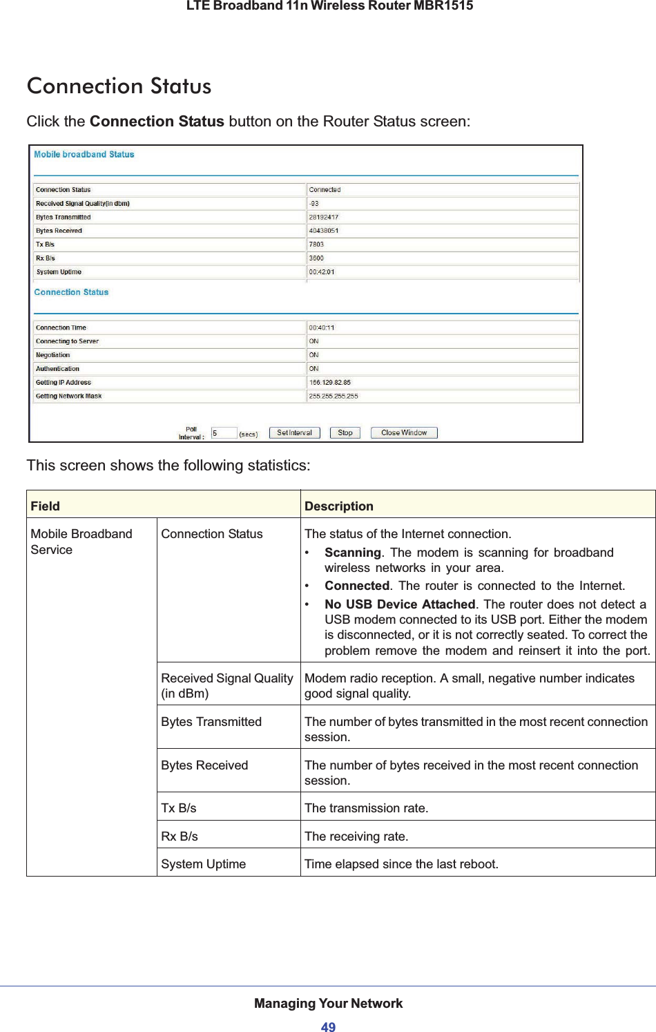 Managing Your Network49 LTE Broadband 11n Wireless Router MBR1515Connection StatusClick the Connection Status button on the Router Status screen:This screen shows the following statistics:Field DescriptionMobile Broadband ServiceConnection Status The status of the Internet connection.•Scanning. The modem is scanning for broadband wireless networks in your area.•Connected. The router is connected to the Internet.•No USB Device Attached. The router does not detect a USB modem connected to its USB port. Either the modem is disconnected, or it is not correctly seated. To correct the problem remove the modem and reinsert it into the port.Received Signal Quality (in dBm)Modem radio reception. A small, negative number indicates good signal quality.Bytes Transmitted The number of bytes transmitted in the most recent connection session.Bytes Received The number of bytes received in the most recent connection session.Tx B/s The transmission rate.Rx B/s The receiving rate.System Uptime Time elapsed since the last reboot.