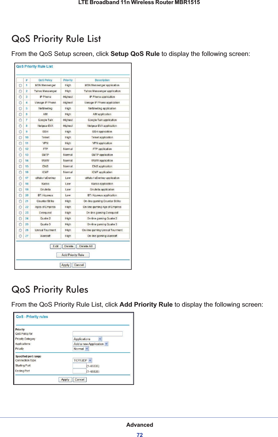 Advanced72LTE Broadband 11n Wireless Router MBR1515 QoS Priority Rule ListFrom the QoS Setup screen, click Setup QoS Rule to display the following screen:QoS Priority RulesFrom the QoS Priority Rule List, click Add Priority Rule to display the following screen: